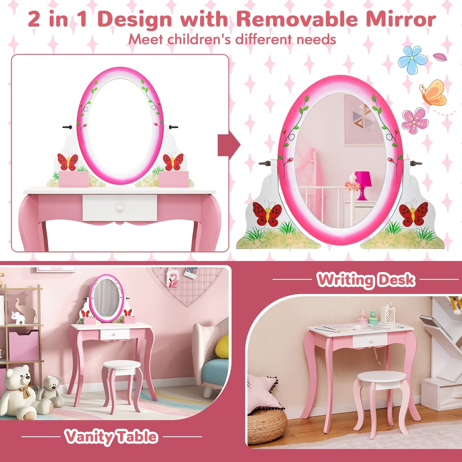 Kids Vanity Table and Stool Set with 360° Rotating Mirror and Whiteboard, Pink Kids Vanities   at Gallery Canada