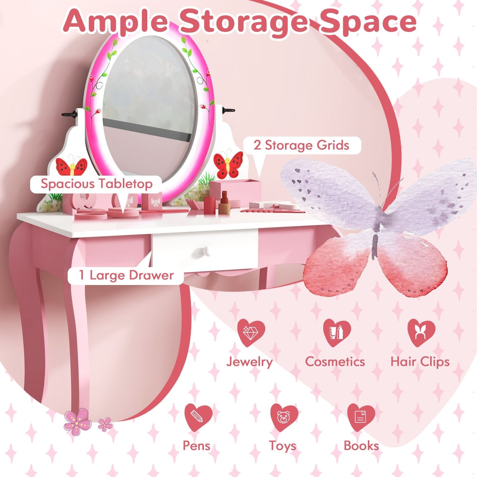 Kids Vanity Table and Stool Set with 360° Rotating Mirror and Whiteboard, Pink Kids Vanities   at Gallery Canada