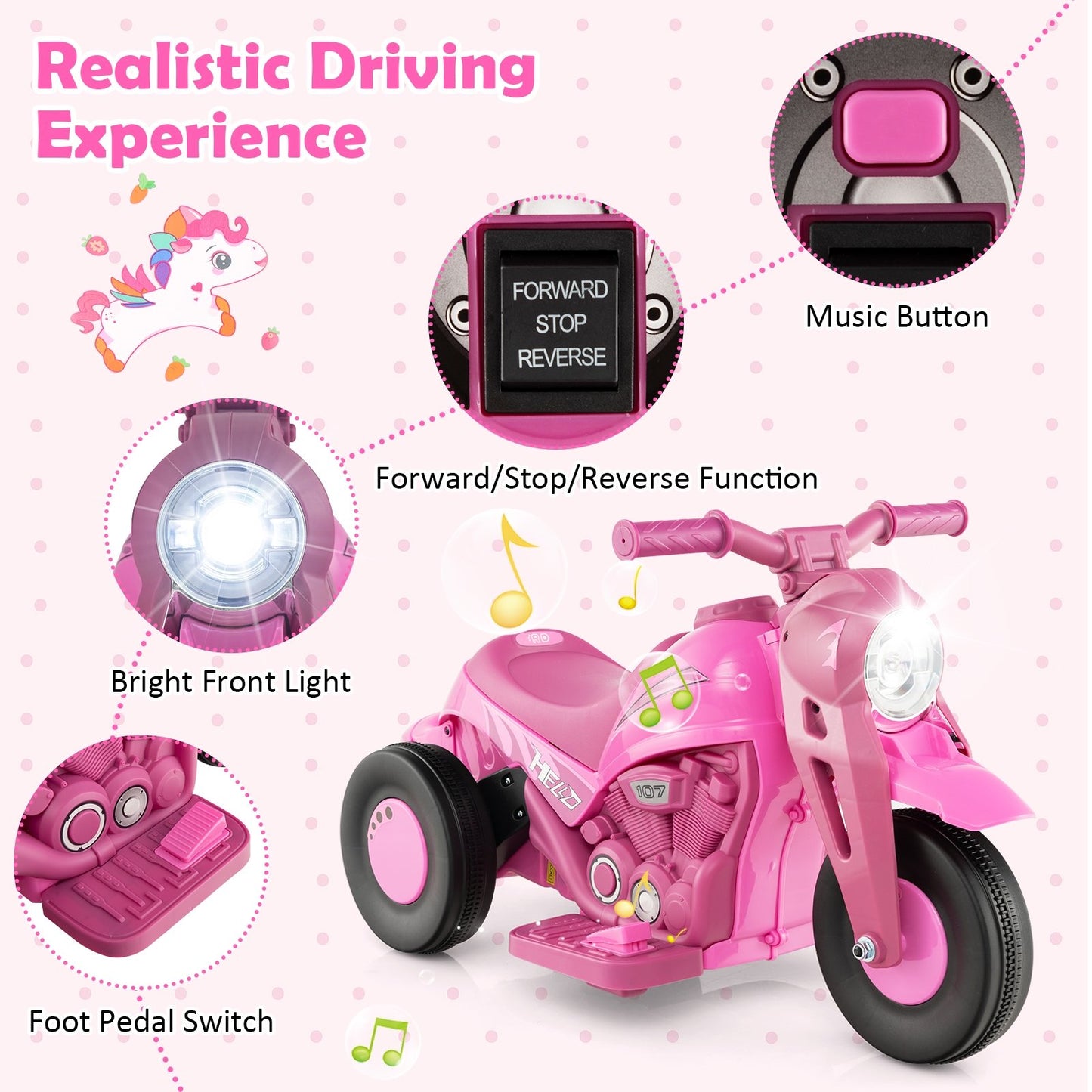 6V Kids Electric Ride on Motorcycle with Bubble Maker and Music, Pink Powered Ride On Toys   at Gallery Canada