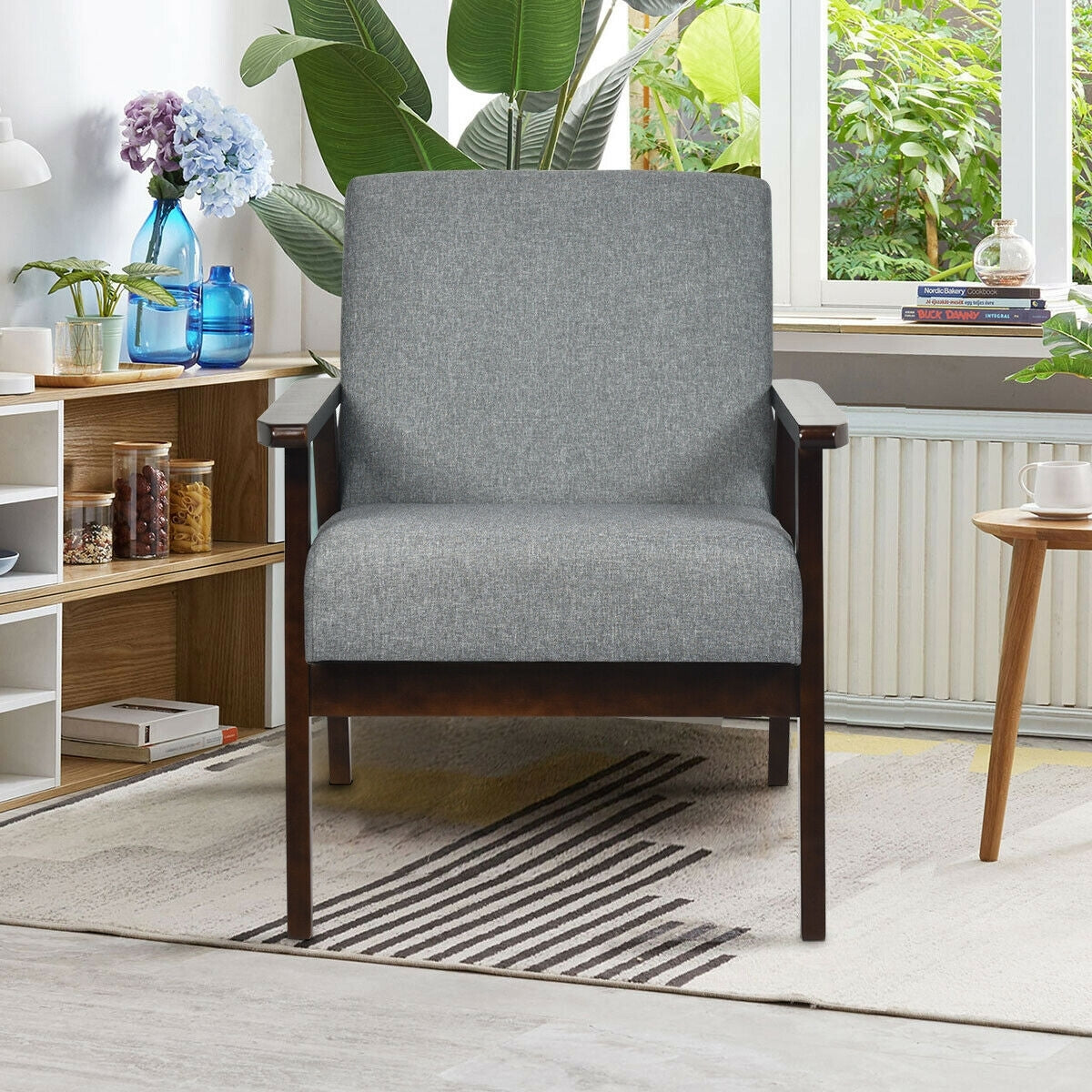 Solid Rubber Wood Fabric Accent Armchair, Gray Accent Chairs   at Gallery Canada