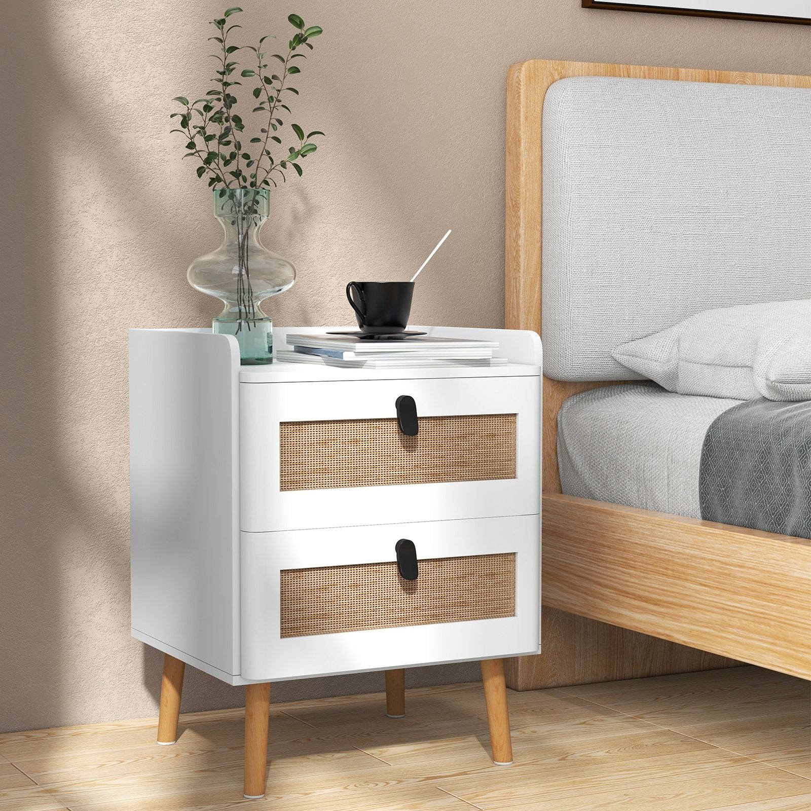 Modern End Table Bedside Table with 2 Rattan Decorated Drawers, White End & Side Tables   at Gallery Canada