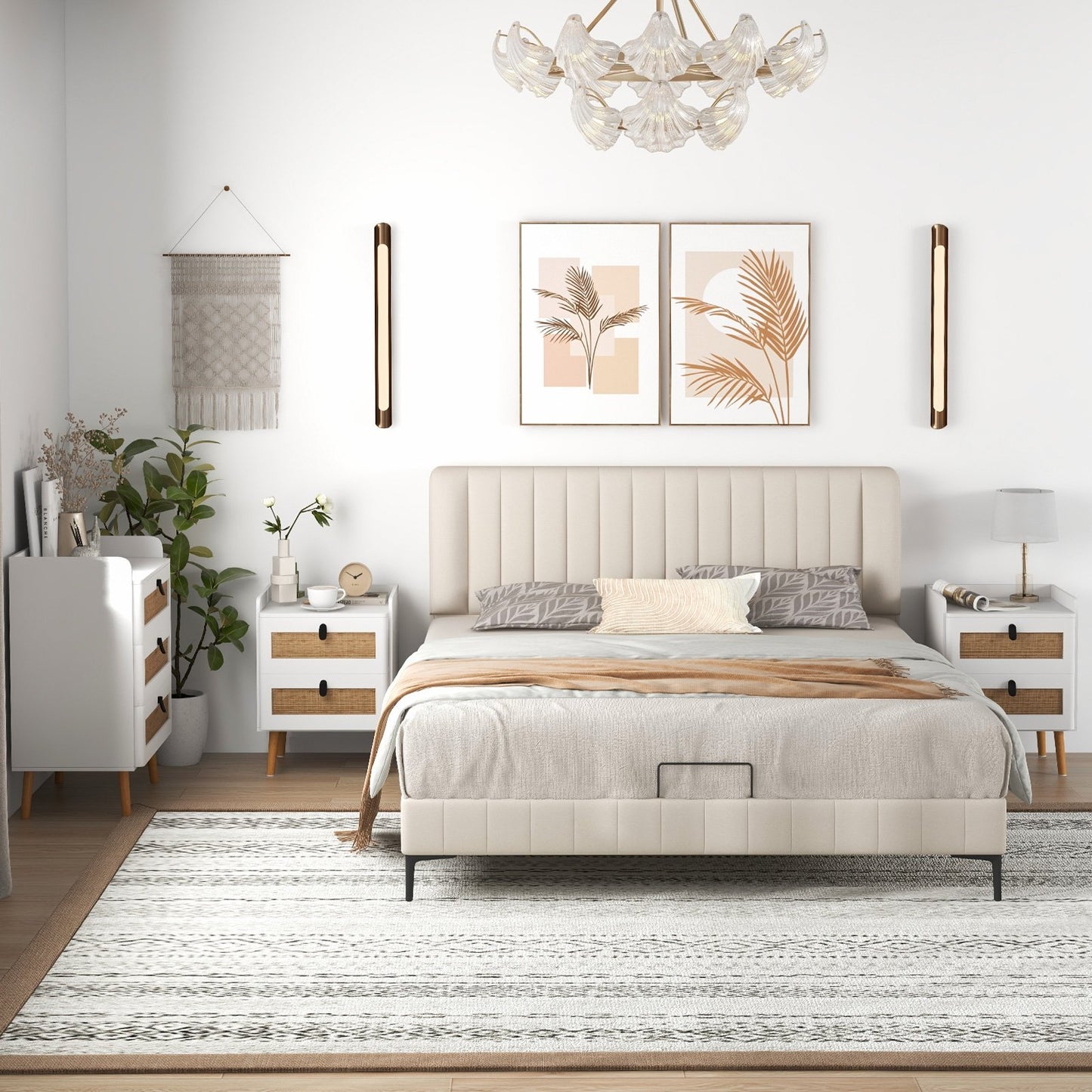 Modern End Table Bedside Table with 2 Rattan Decorated Drawers, White End & Side Tables   at Gallery Canada