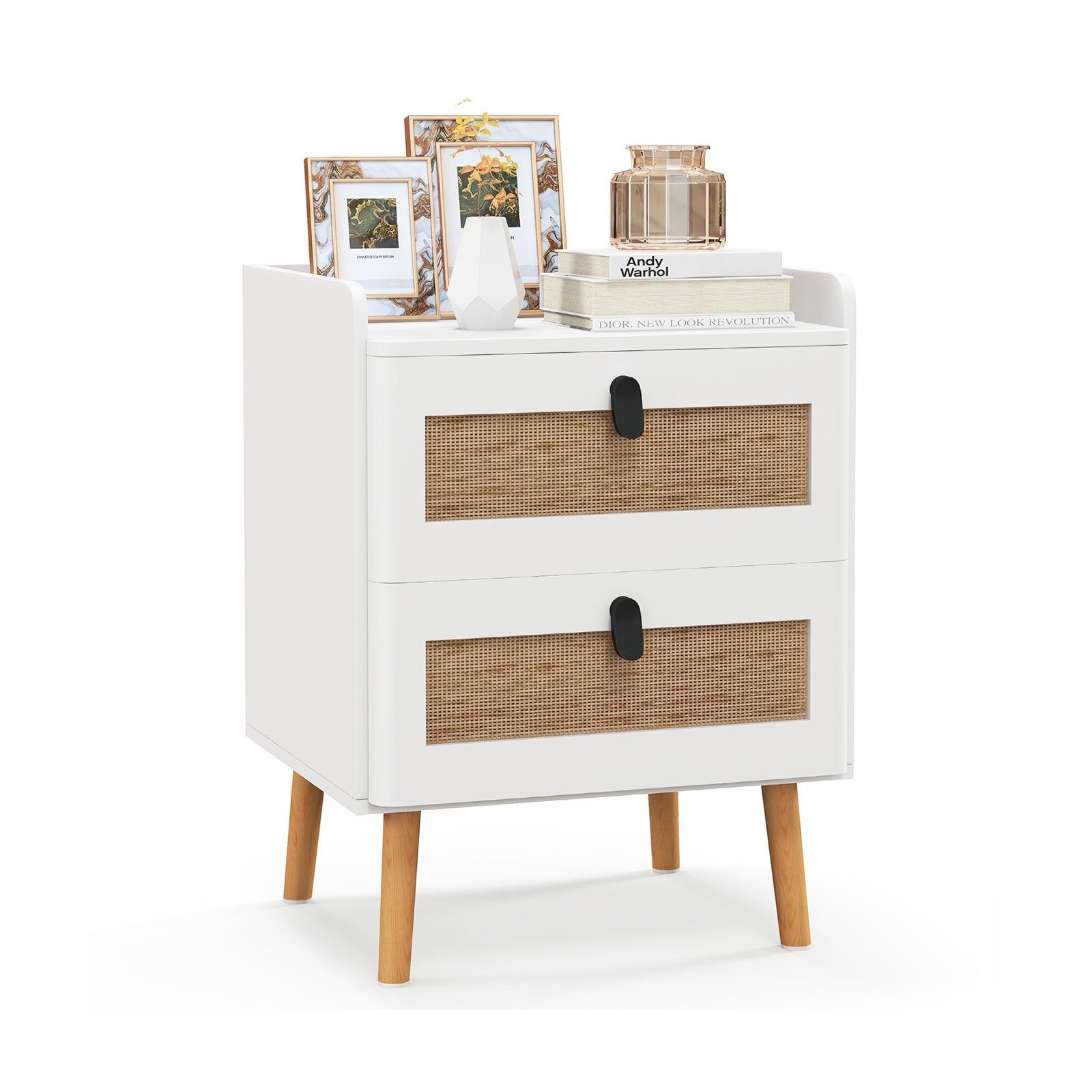 Modern End Table Bedside Table with 2 Rattan Decorated Drawers, White End & Side Tables   at Gallery Canada