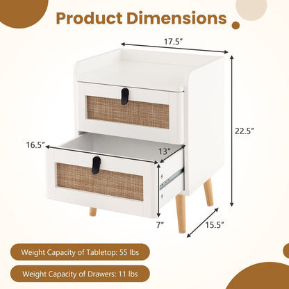 Modern End Table Bedside Table with 2 Rattan Decorated Drawers, White End & Side Tables   at Gallery Canada