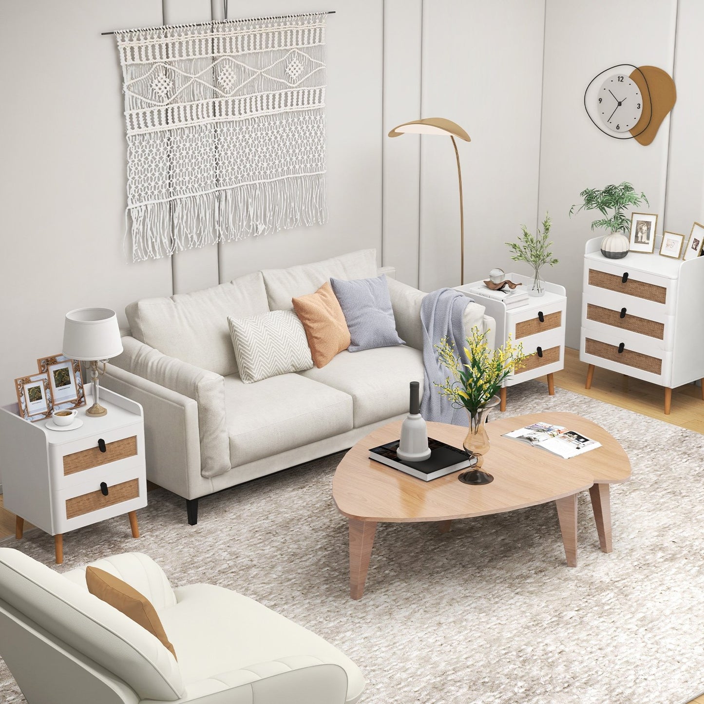 Modern End Table Bedside Table with 2 Rattan Decorated Drawers, White End & Side Tables   at Gallery Canada