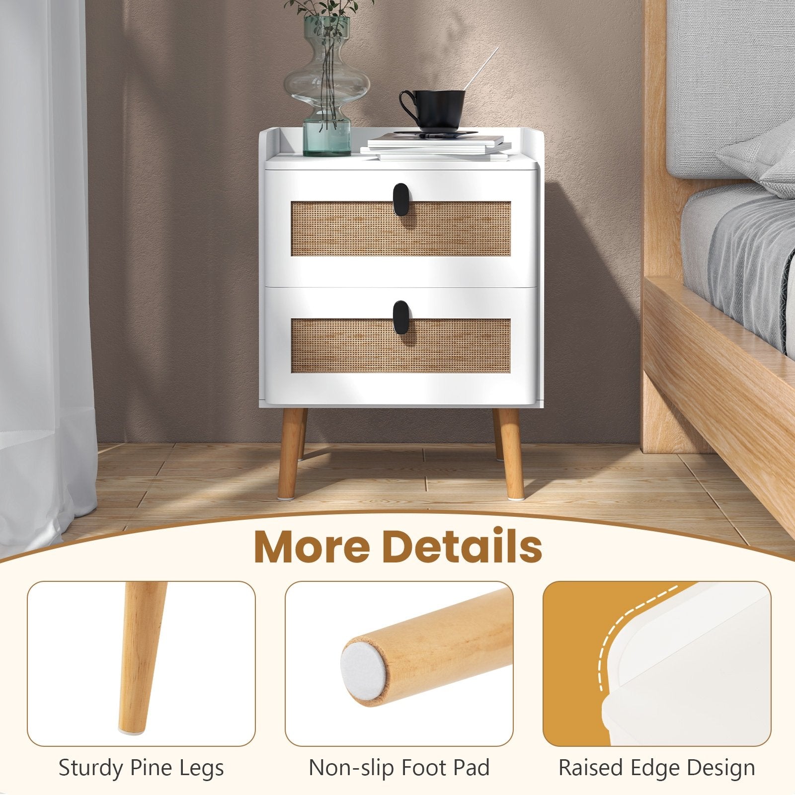 Modern End Table Bedside Table with 2 Rattan Decorated Drawers, White End & Side Tables   at Gallery Canada