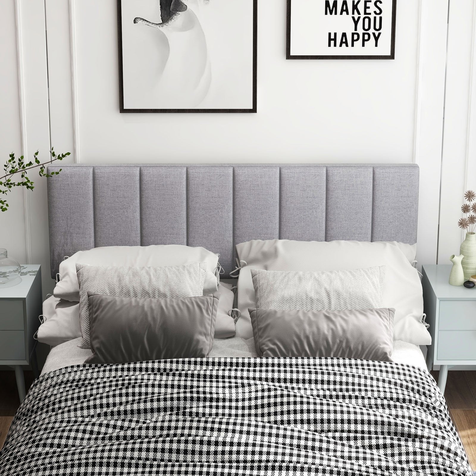 Linen Upholstered Headboard with Solid Wood Legs and Adjustable Width, Gray Headboards   at Gallery Canada