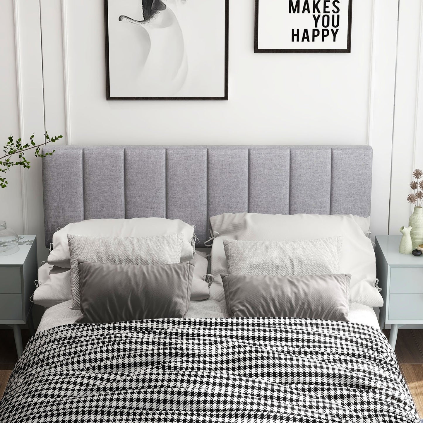 Linen Upholstered Headboard with Solid Wood Legs and Adjustable Width, Gray Headboards   at Gallery Canada