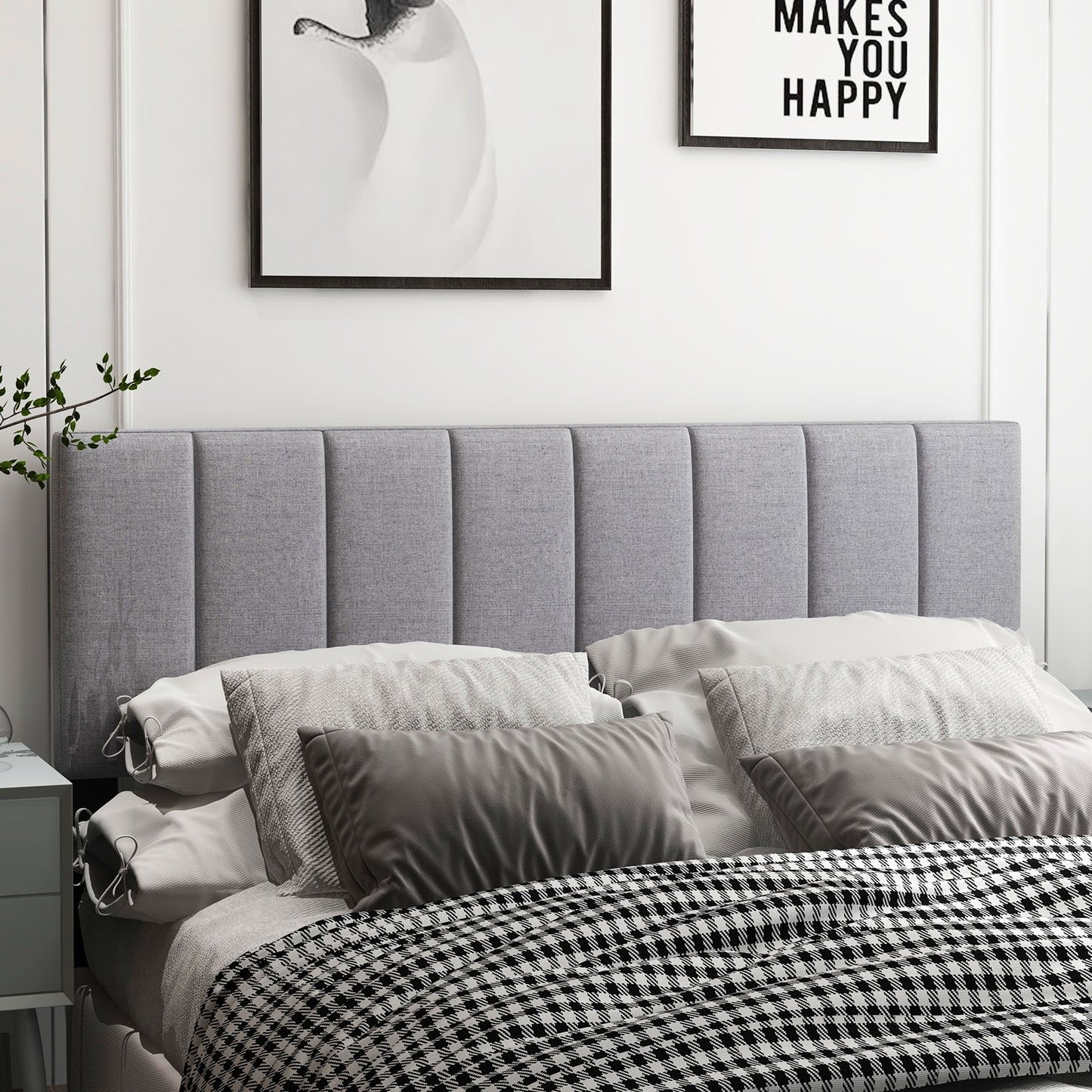 Linen Upholstered Headboard with Solid Wood Legs and Adjustable Width, Gray Headboards   at Gallery Canada