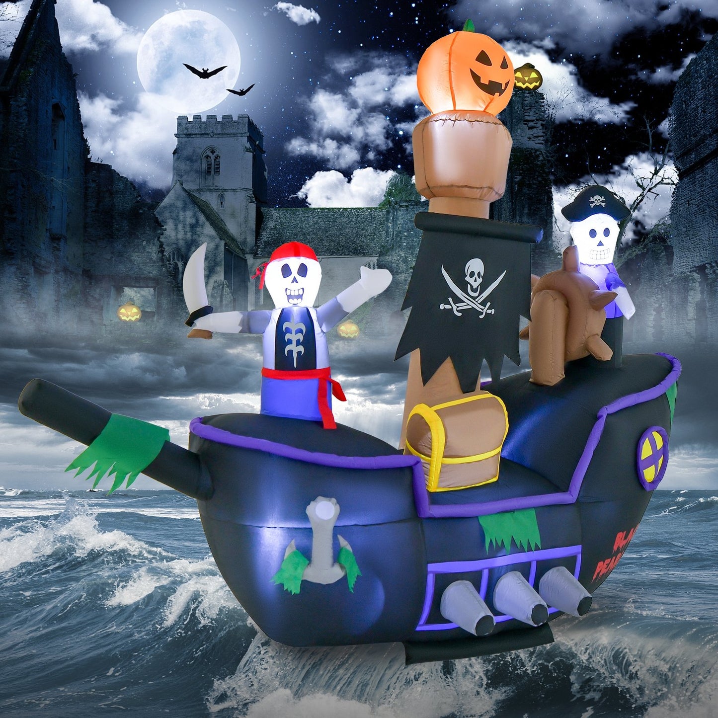 7 Feet Long Halloween Inflatable Pirate Ship with LED Lights Blower, Multicolor Halloween   at Gallery Canada