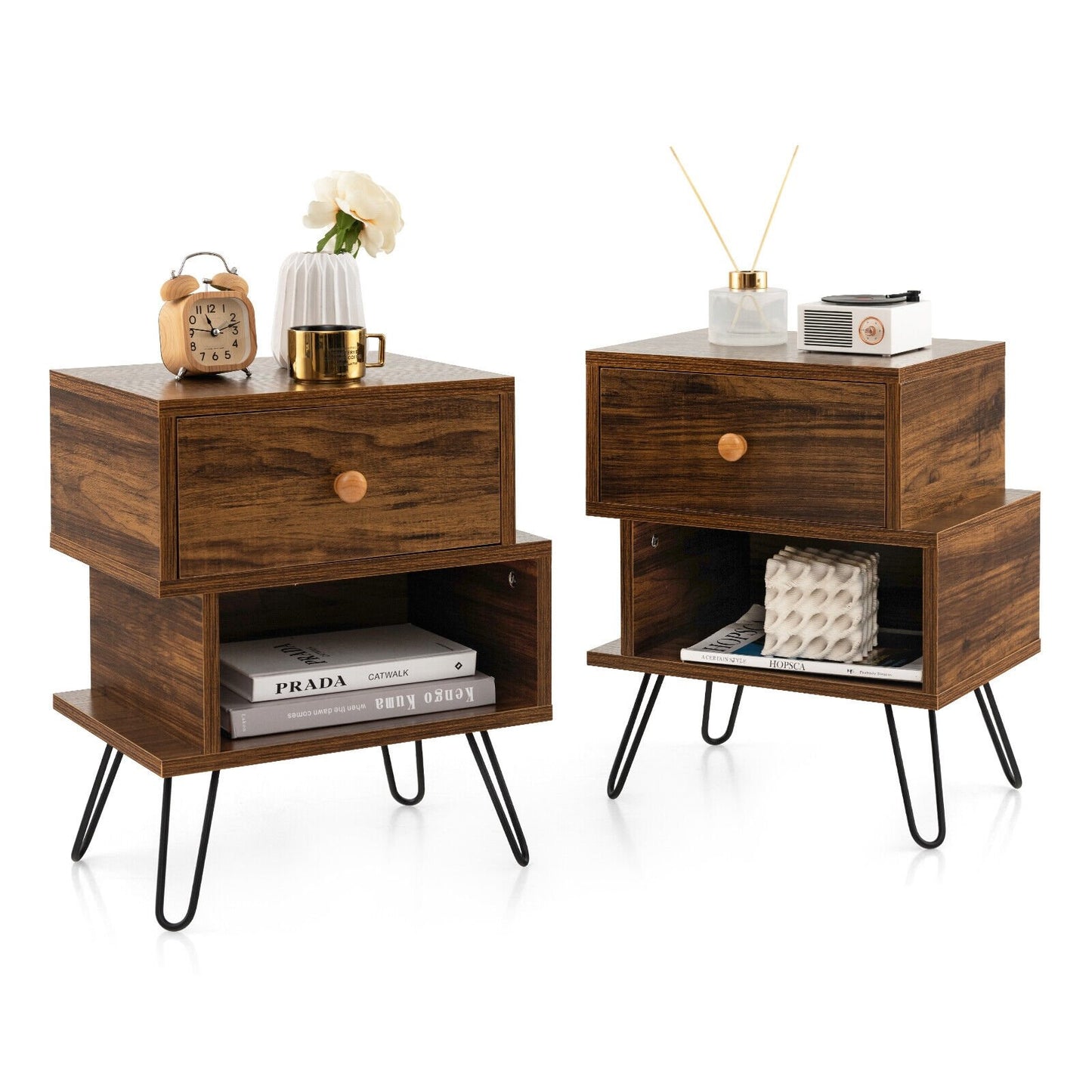 Set of 2 2-Tier Irregular Wooden Nightstands with Elevated Metal Feet, Walnut Nightstands   at Gallery Canada