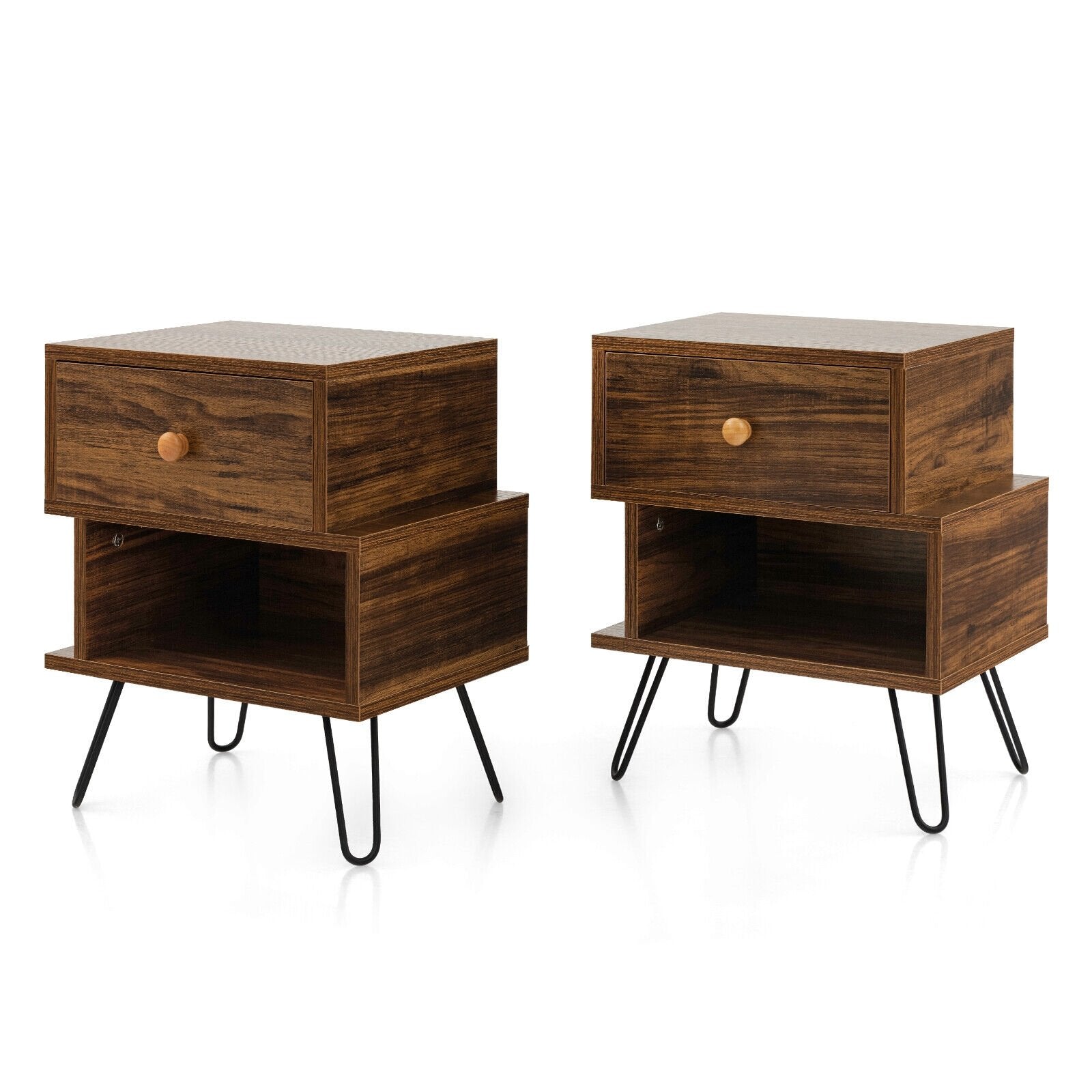 Set of 2 2-Tier Irregular Wooden Nightstands with Elevated Metal Feet, Walnut Nightstands   at Gallery Canada