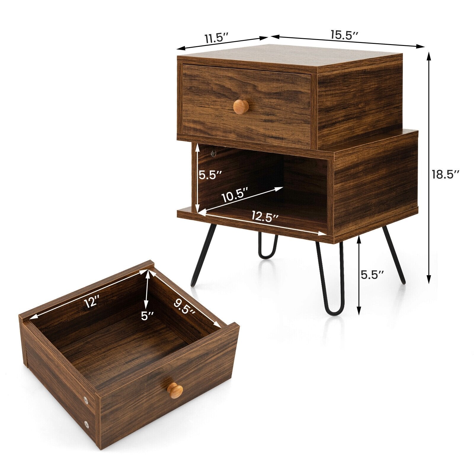 Set of 2 2-Tier Irregular Wooden Nightstands with Elevated Metal Feet, Walnut Nightstands   at Gallery Canada