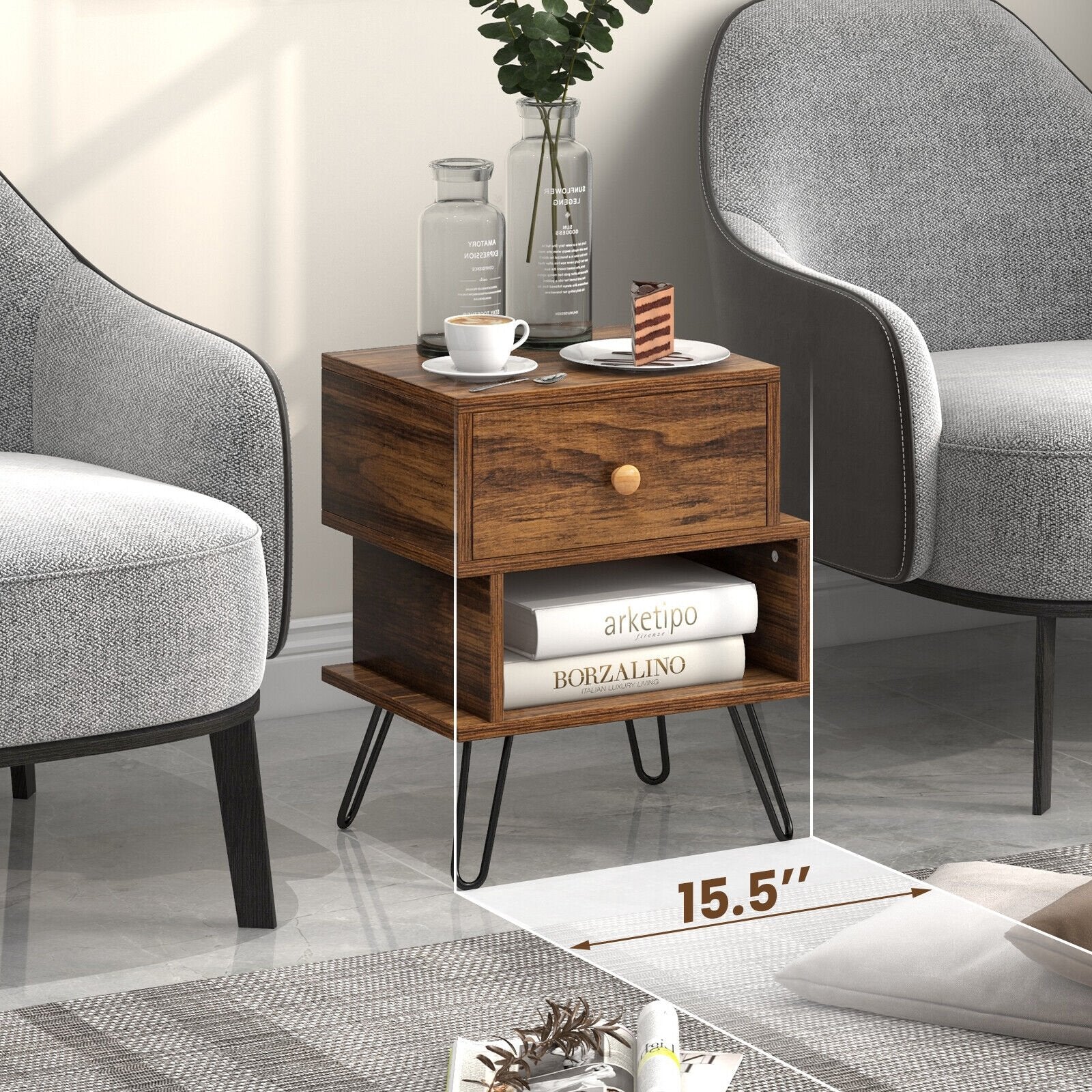 Set of 2 2-Tier Irregular Wooden Nightstands with Elevated Metal Feet, Walnut Nightstands   at Gallery Canada