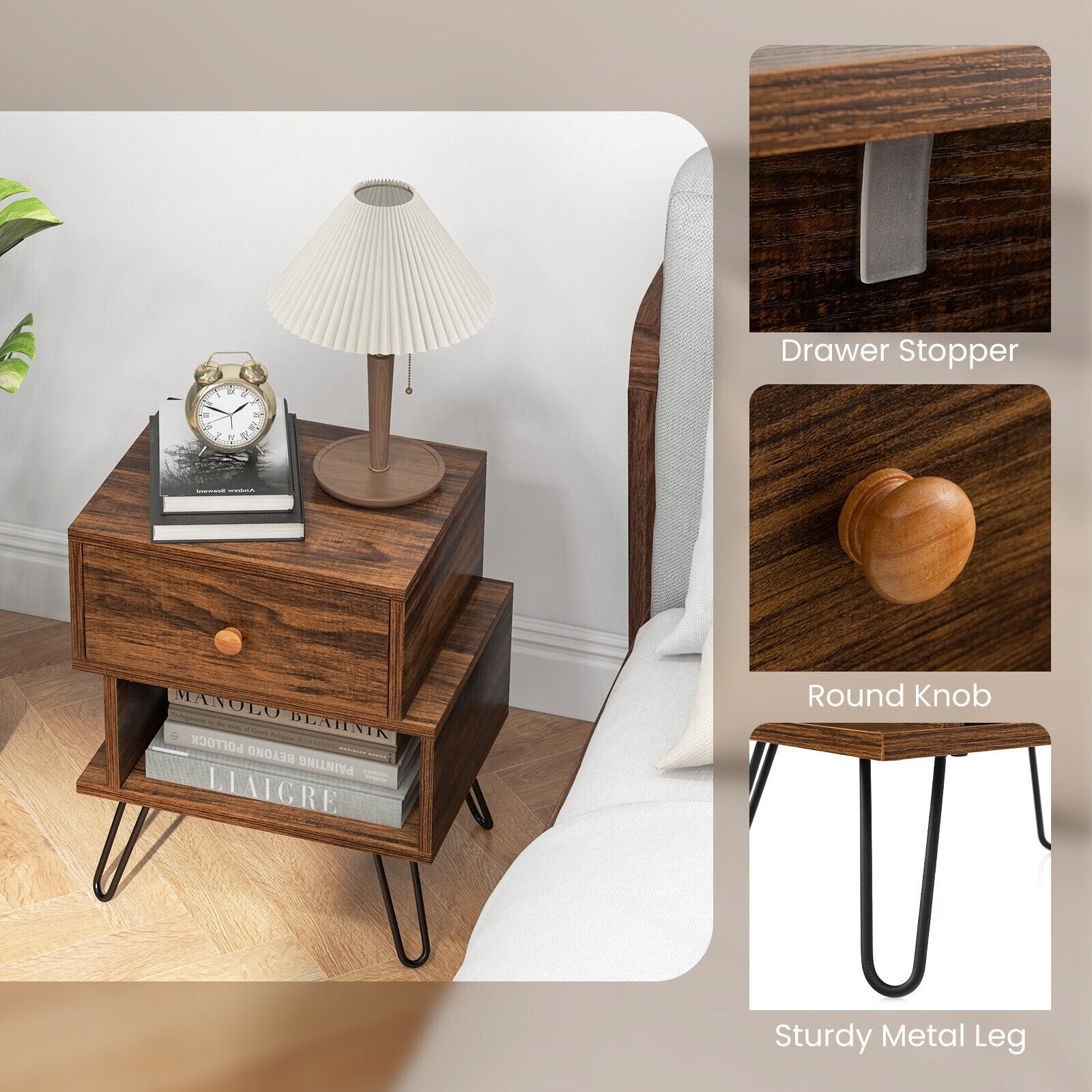 Set of 2 2-Tier Irregular Wooden Nightstands with Elevated Metal Feet, Walnut Nightstands   at Gallery Canada