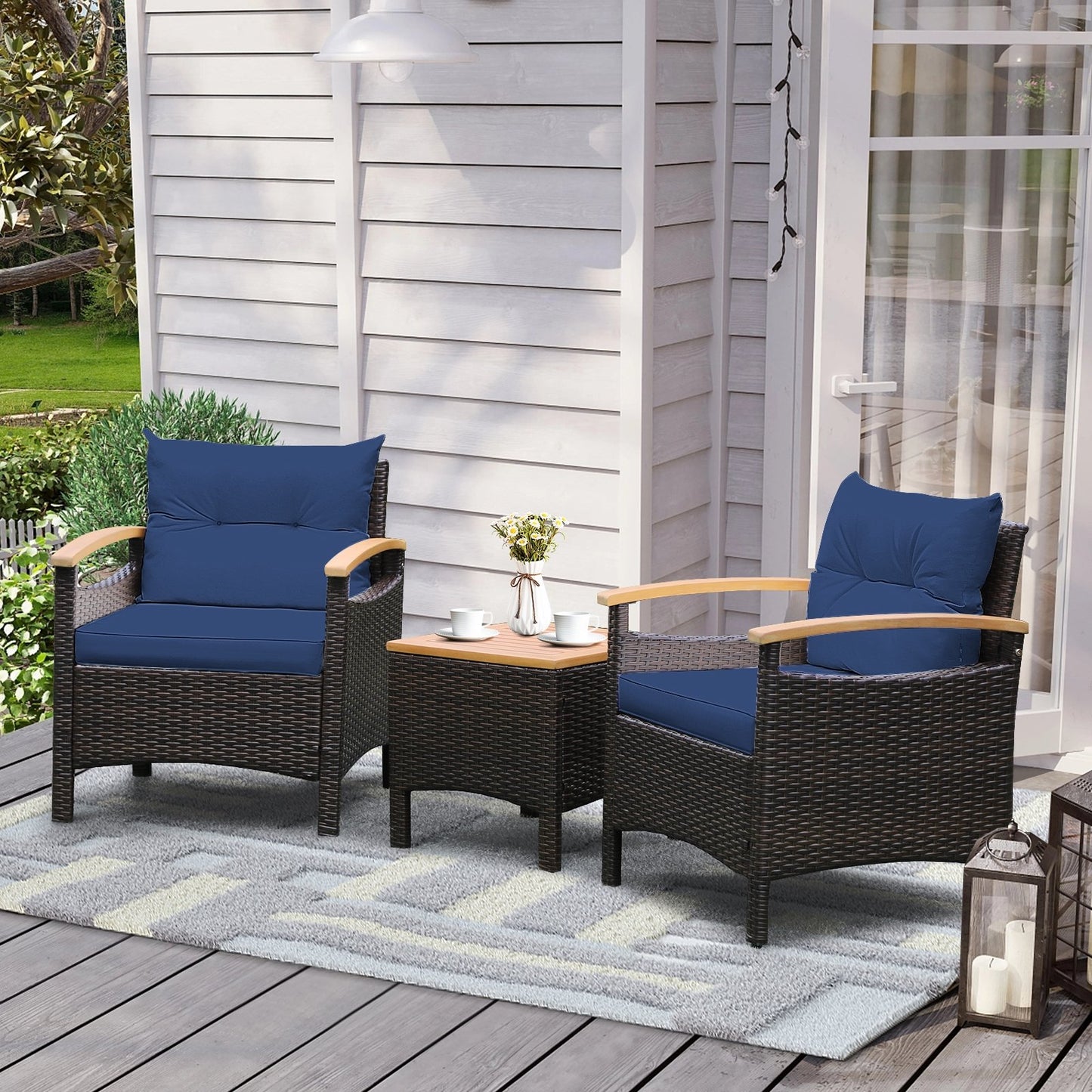 3 Pieces Patio Rattan Furniture Set with Removable Cushion, Navy Patio Conversation Sets   at Gallery Canada