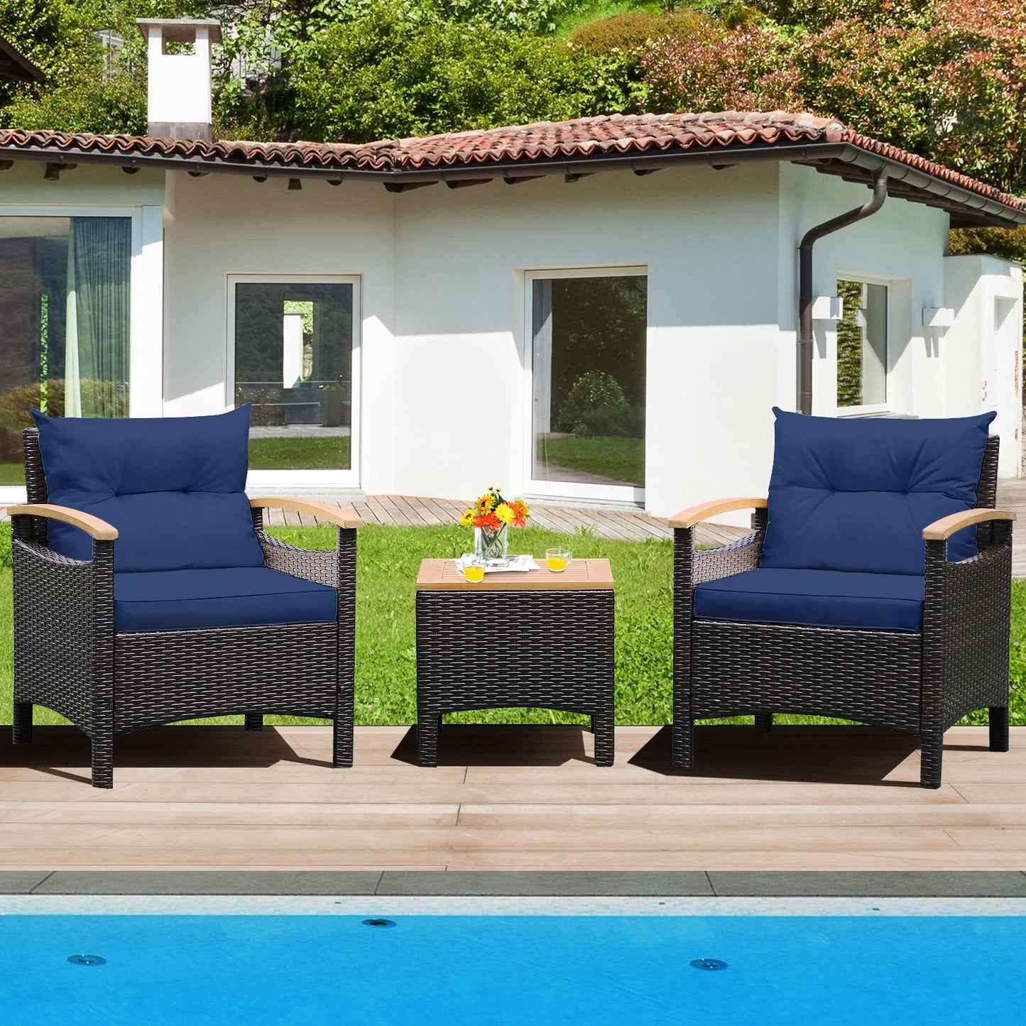 3 Pieces Patio Rattan Furniture Set with Removable Cushion, Navy Patio Conversation Sets   at Gallery Canada