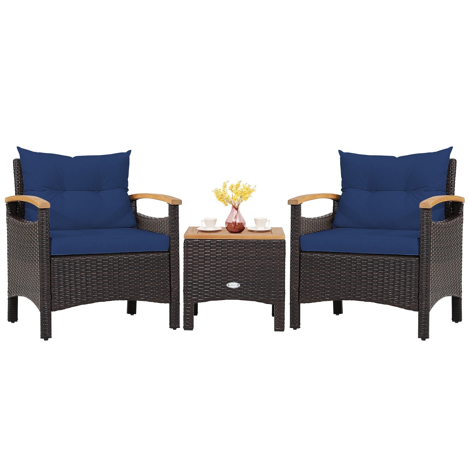 3 Pieces Patio Rattan Furniture Set with Removable Cushion, Navy Patio Conversation Sets   at Gallery Canada