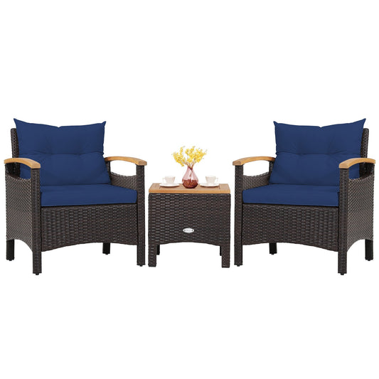 3 Pieces Patio Rattan Furniture Set with Removable Cushion, Navy Patio Conversation Sets   at Gallery Canada