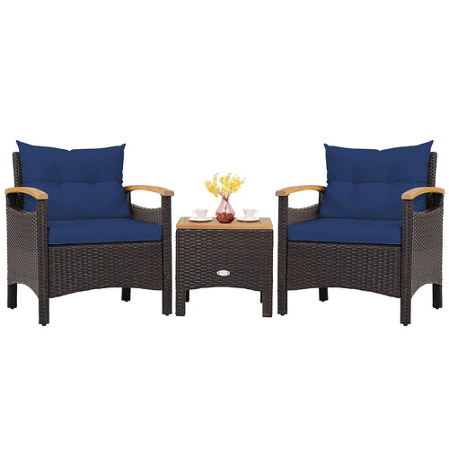 3 Pieces Patio Rattan Furniture Set with Removable Cushion, Navy