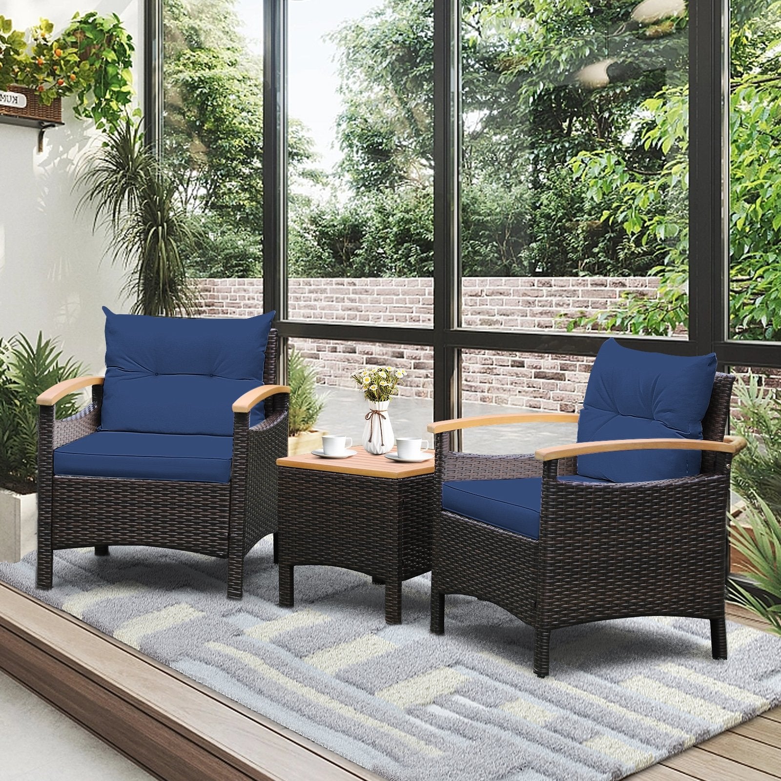 3 Pieces Patio Rattan Furniture Set with Removable Cushion, Navy Patio Conversation Sets   at Gallery Canada