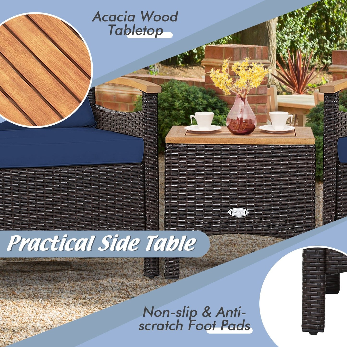 3 Pieces Patio Rattan Furniture Set with Removable Cushion, Navy Patio Conversation Sets   at Gallery Canada