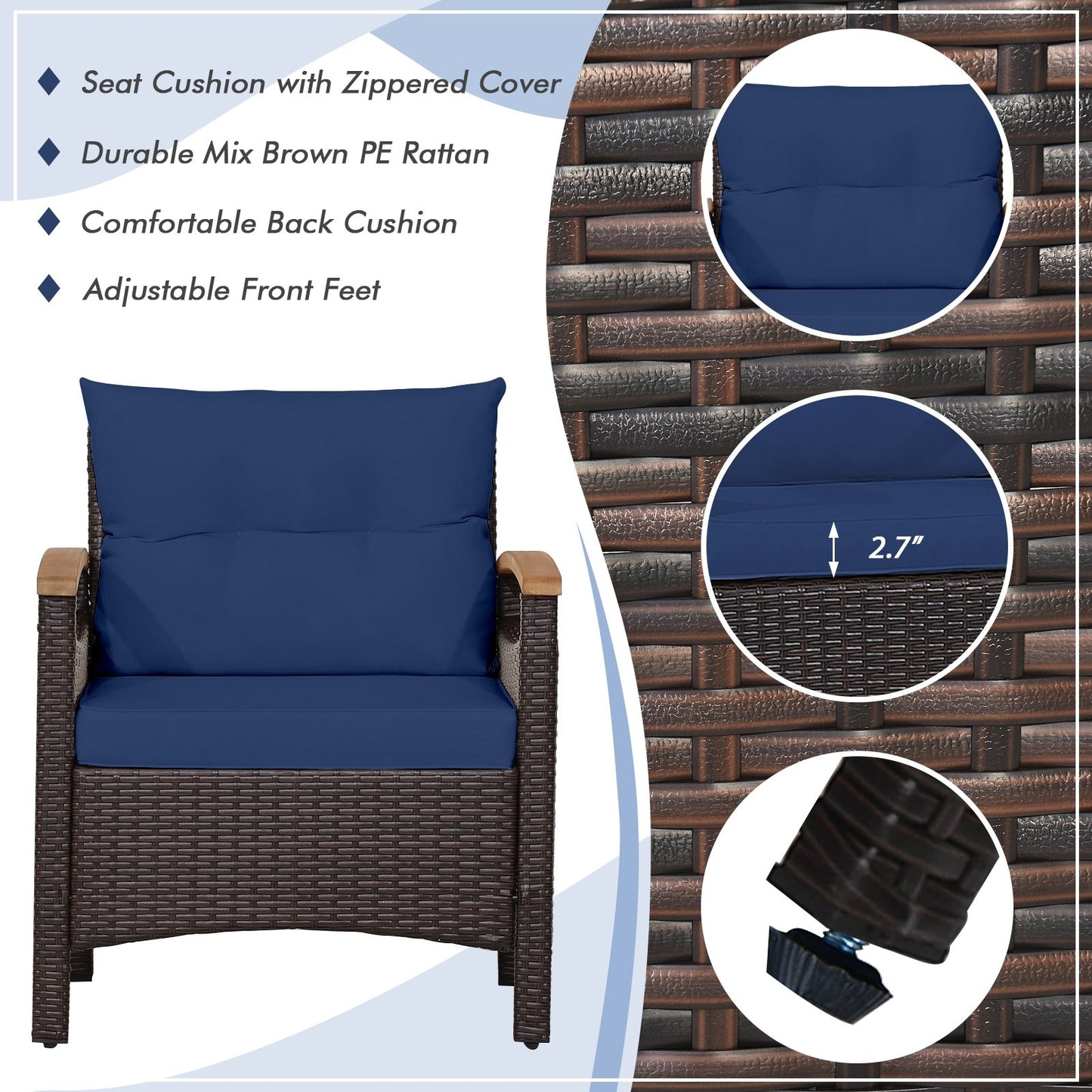 3 Pieces Patio Rattan Furniture Set with Removable Cushion, Navy Patio Conversation Sets   at Gallery Canada