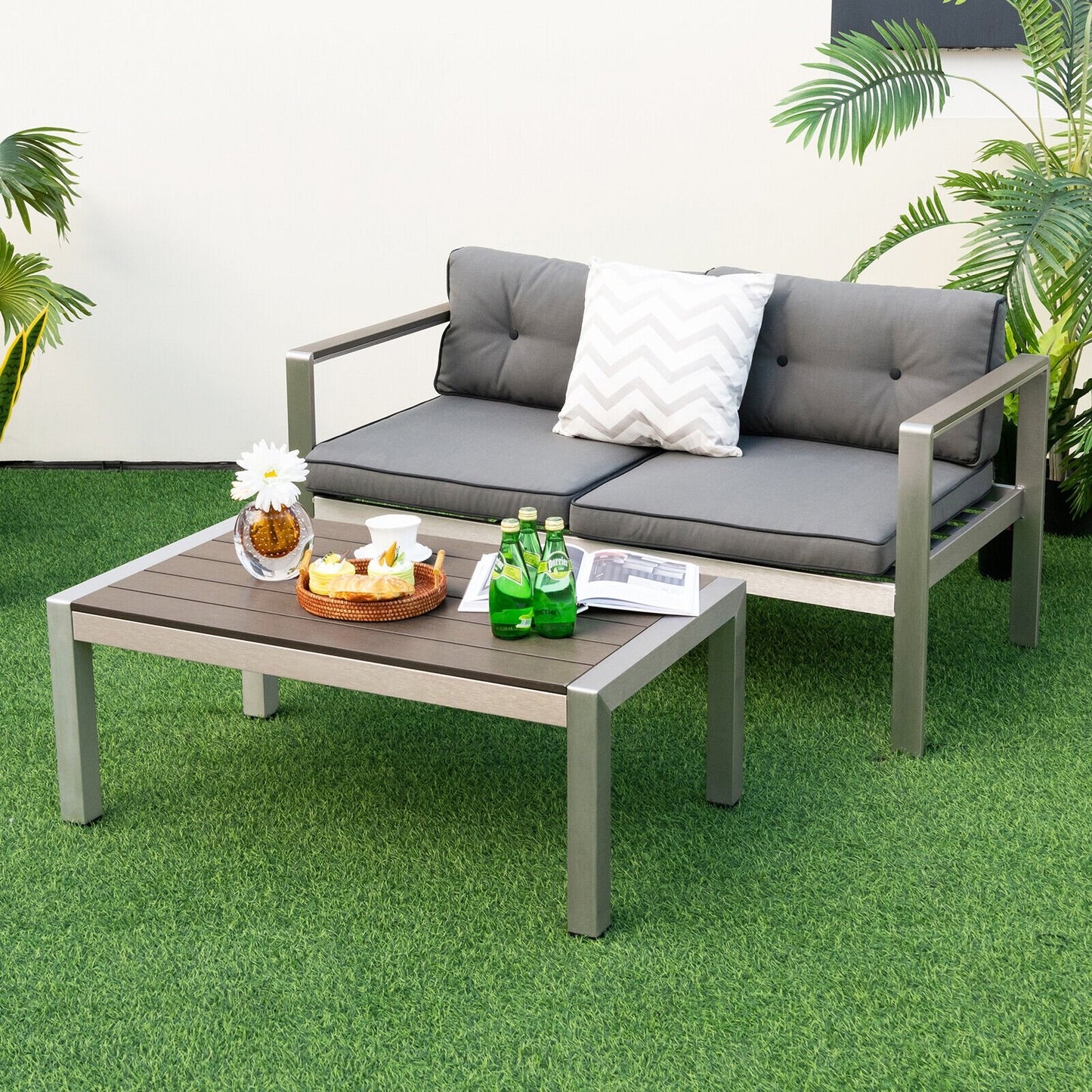 Modern Rectangular Patio Coffee Table with Plastic Wood Tabletop and Rustproof Aluminum Frame, Gray Patio Coffee Tables   at Gallery Canada