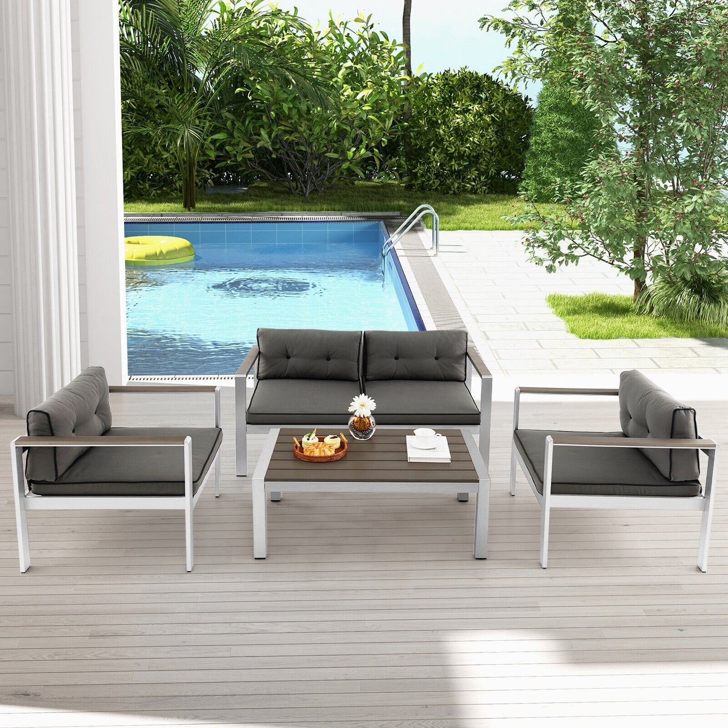 Modern Rectangular Patio Coffee Table with Plastic Wood Tabletop and Rustproof Aluminum Frame, Gray Patio Coffee Tables   at Gallery Canada