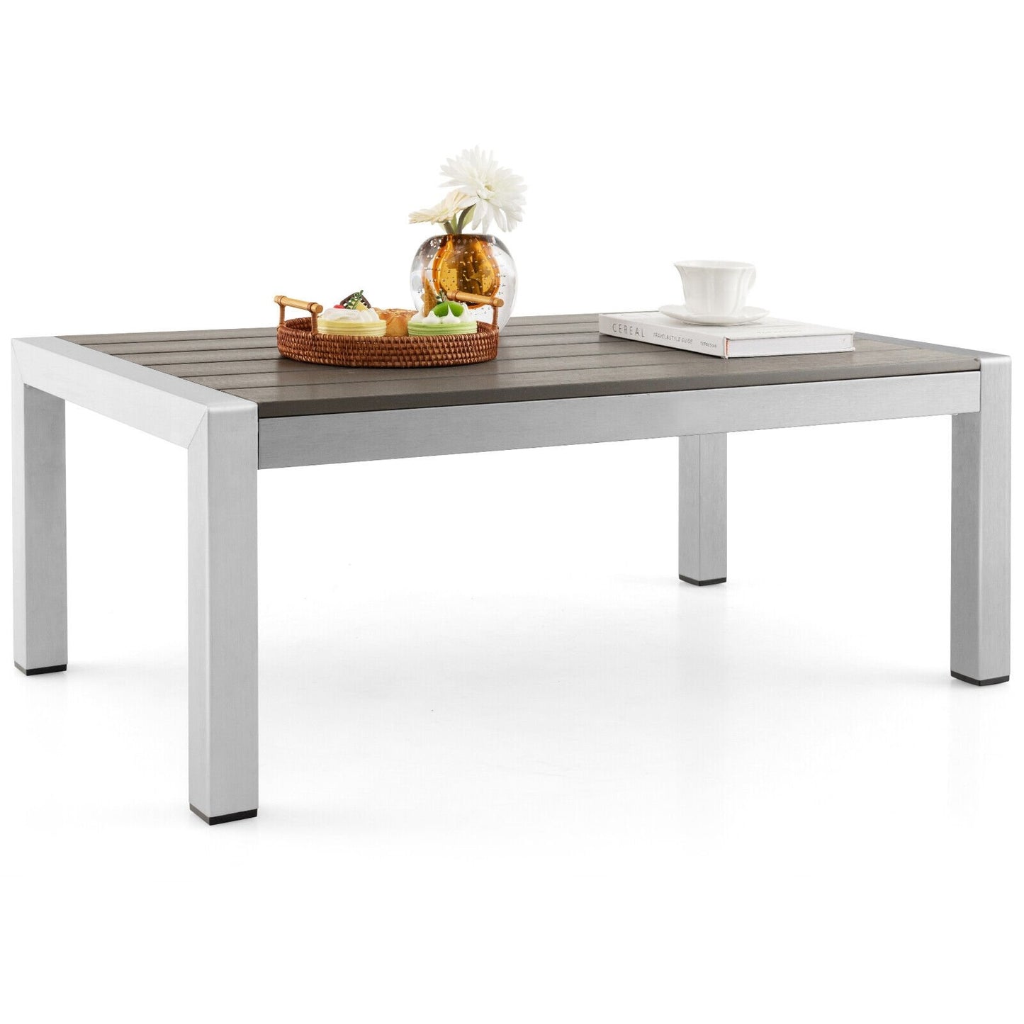 Modern Rectangular Patio Coffee Table with Plastic Wood Tabletop and Rustproof Aluminum Frame, Gray Patio Coffee Tables   at Gallery Canada