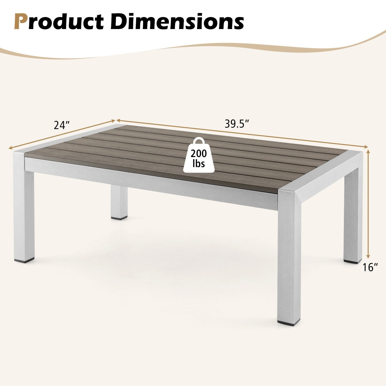 Modern Rectangular Patio Coffee Table with Plastic Wood Tabletop and Rustproof Aluminum Frame, Gray Patio Coffee Tables   at Gallery Canada