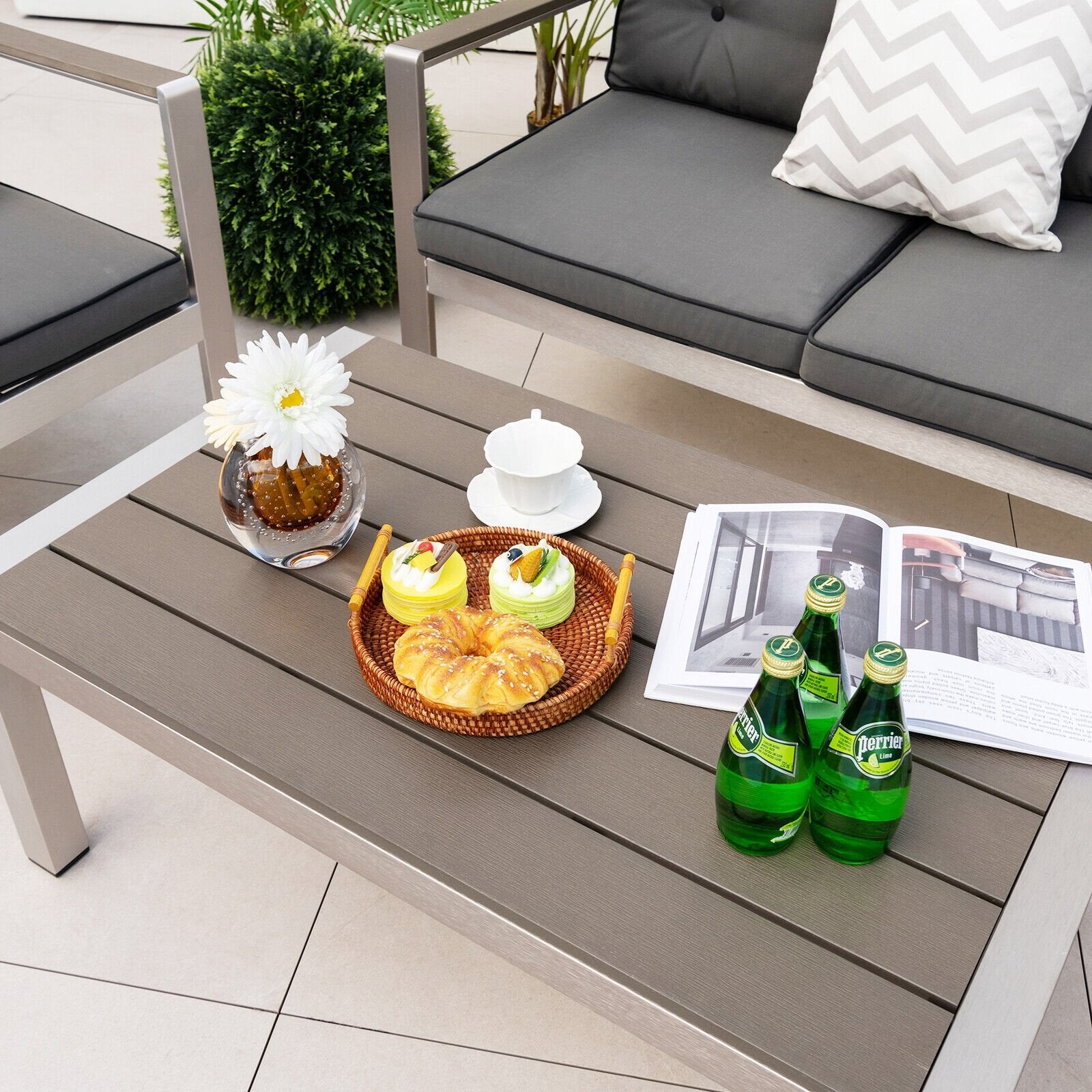 Modern Rectangular Patio Coffee Table with Plastic Wood Tabletop and Rustproof Aluminum Frame, Gray Patio Coffee Tables   at Gallery Canada