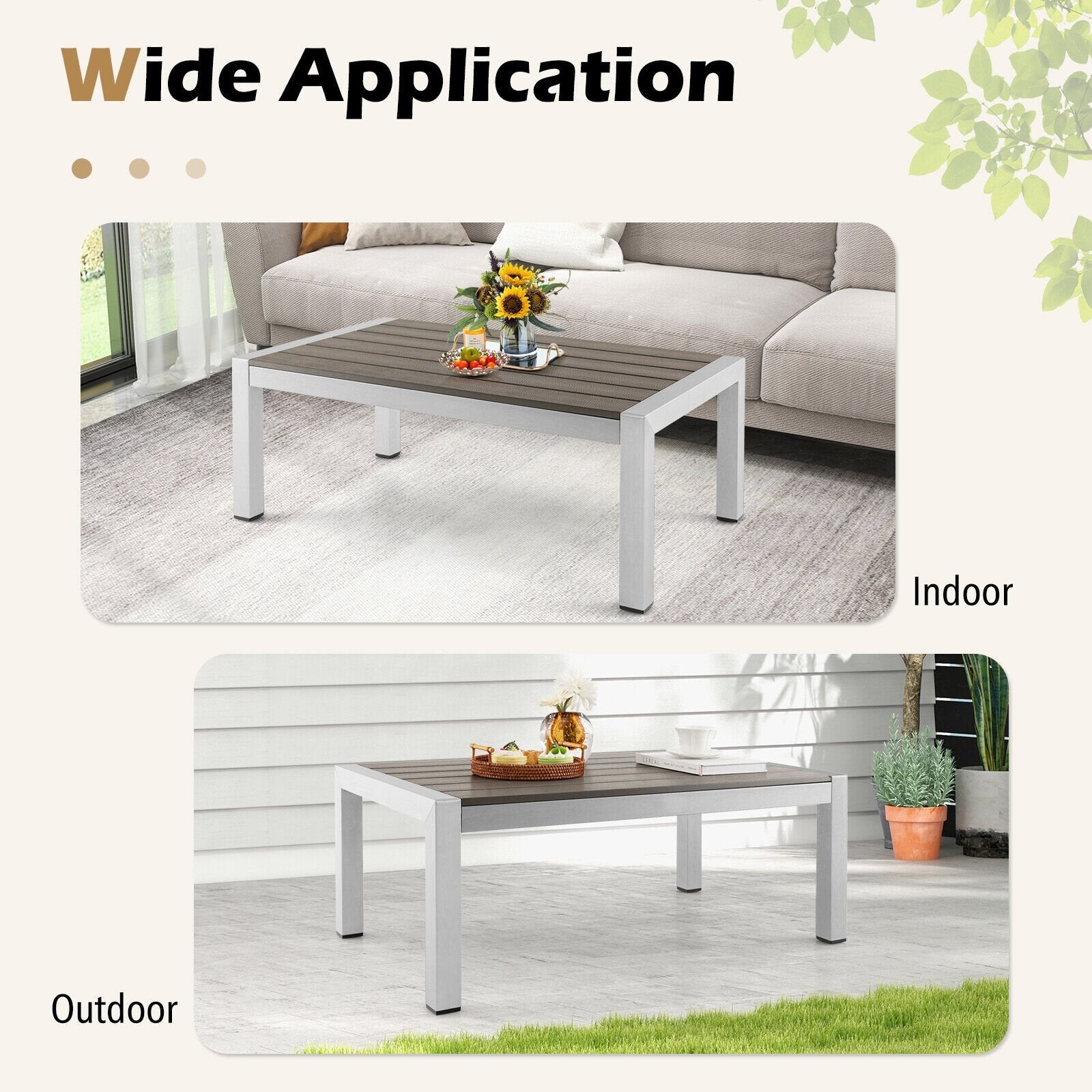 Modern Rectangular Patio Coffee Table with Plastic Wood Tabletop and Rustproof Aluminum Frame, Gray Patio Coffee Tables   at Gallery Canada