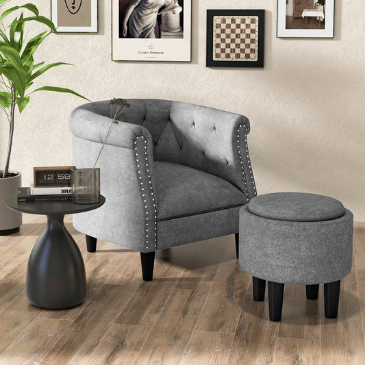 Modern Accent Chair with Ottoman Armchair Barrel Sofa Chair and Footrest-Grey, Gray Accent Chairs   at Gallery Canada