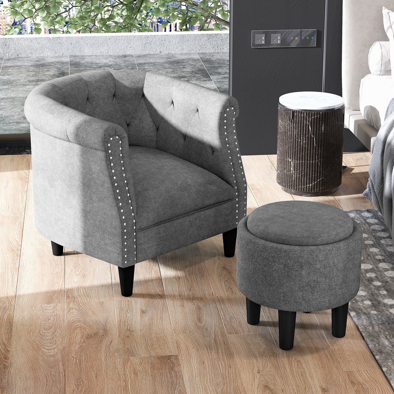 Modern Accent Chair with Ottoman Armchair Barrel Sofa Chair and Footrest-Grey, Gray Accent Chairs   at Gallery Canada