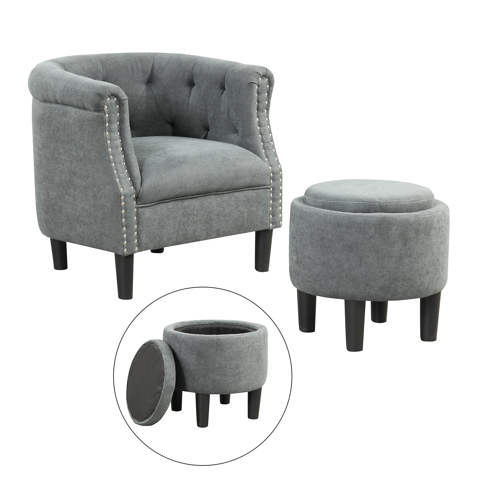 Modern Accent Chair with Ottoman Armchair Barrel Sofa Chair and Footrest-Grey, Gray Accent Chairs   at Gallery Canada