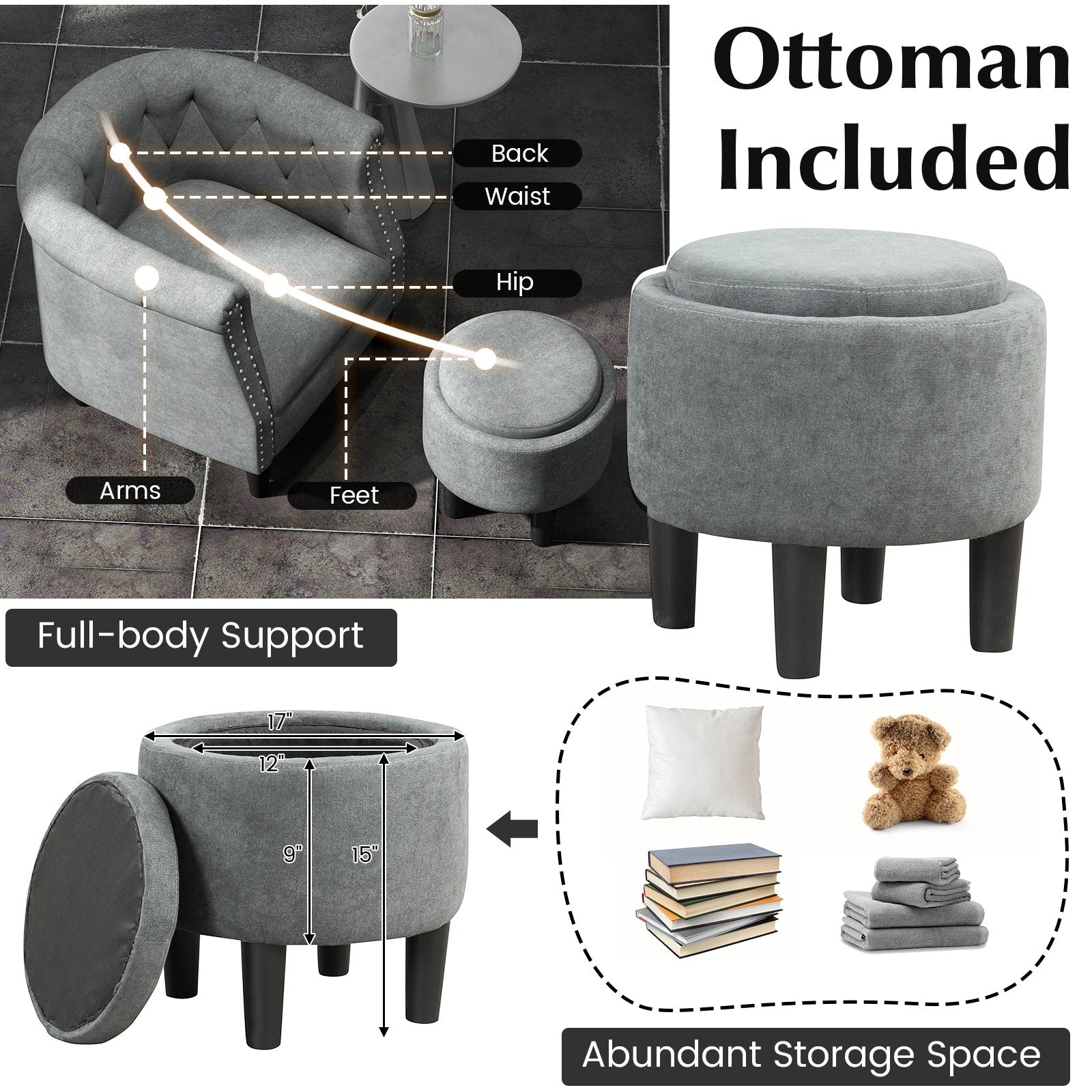 Modern Accent Chair with Ottoman Armchair Barrel Sofa Chair and Footrest-Grey, Gray Accent Chairs   at Gallery Canada