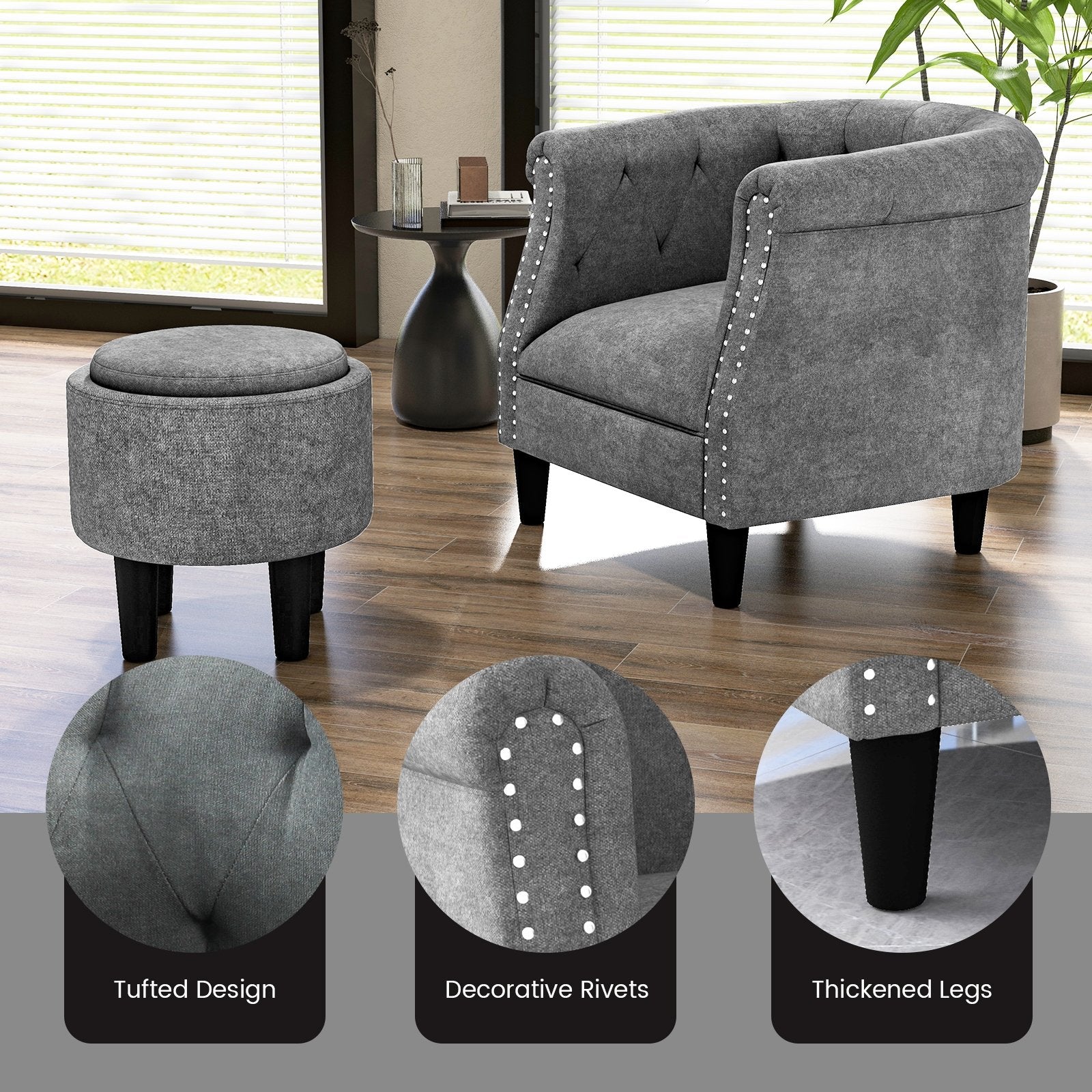 Modern Accent Chair with Ottoman Armchair Barrel Sofa Chair and Footrest-Grey, Gray Accent Chairs   at Gallery Canada