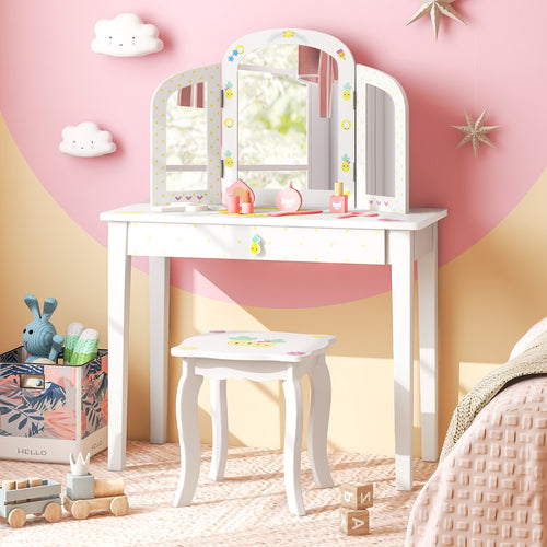 Kids Vanity Table Set with Tri-Folding Mirror and Large Drawer, White