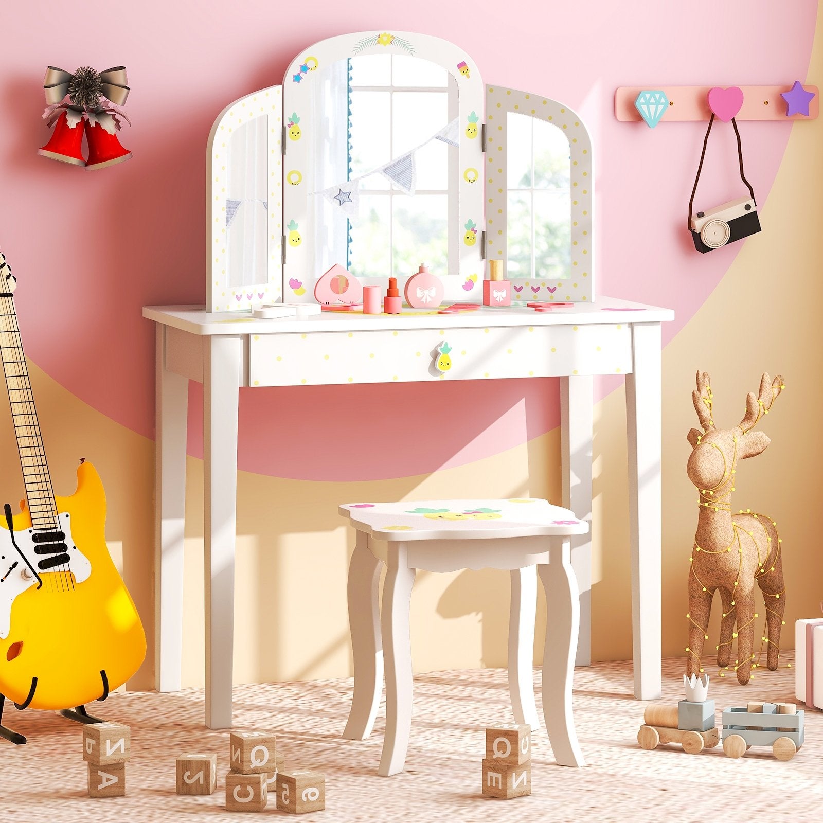 Kids Vanity Table Set with Tri-Folding Mirror and Large Drawer, White Kids Vanities   at Gallery Canada