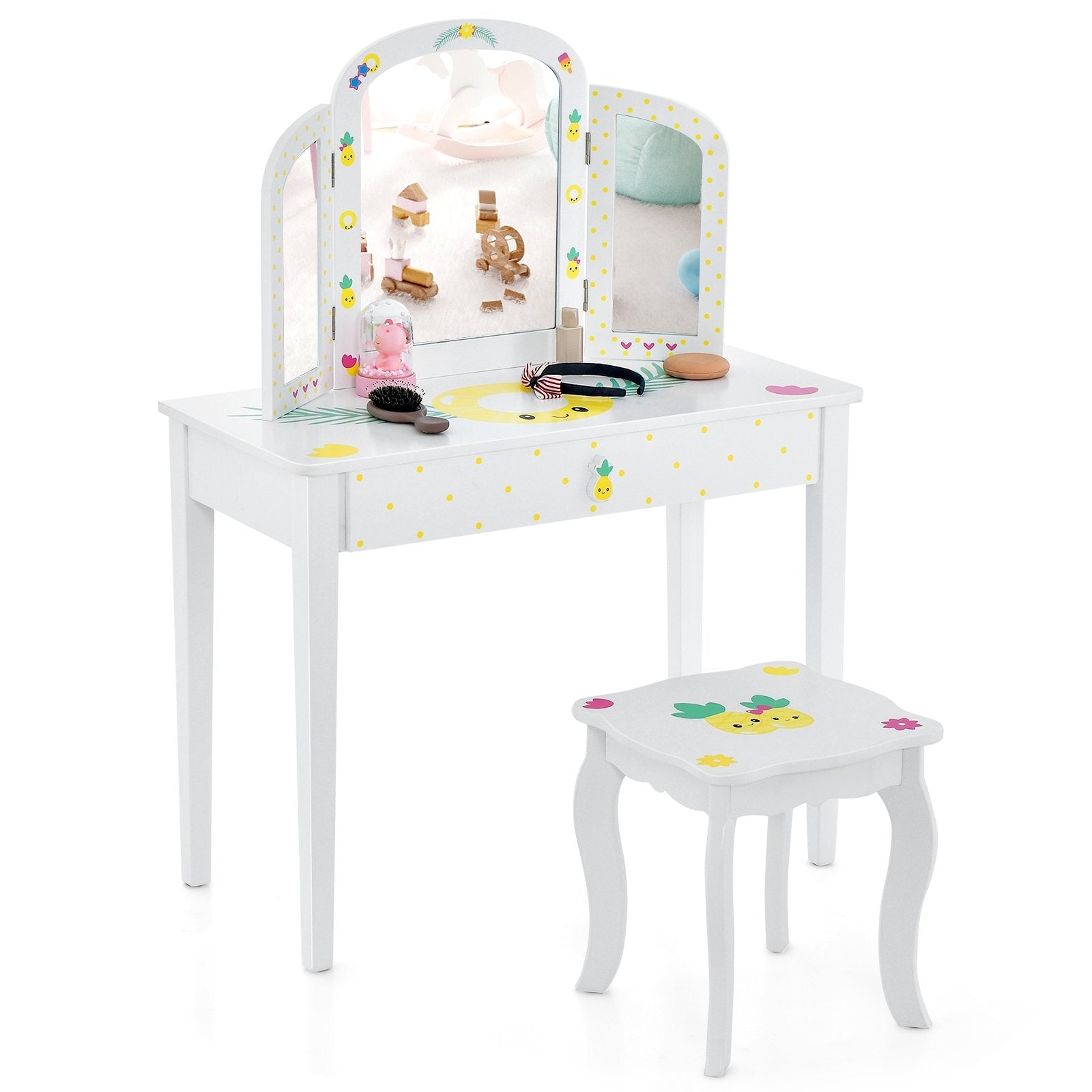 Kids Vanity Table Set with Tri-Folding Mirror and Large Drawer, White Kids Vanities   at Gallery Canada