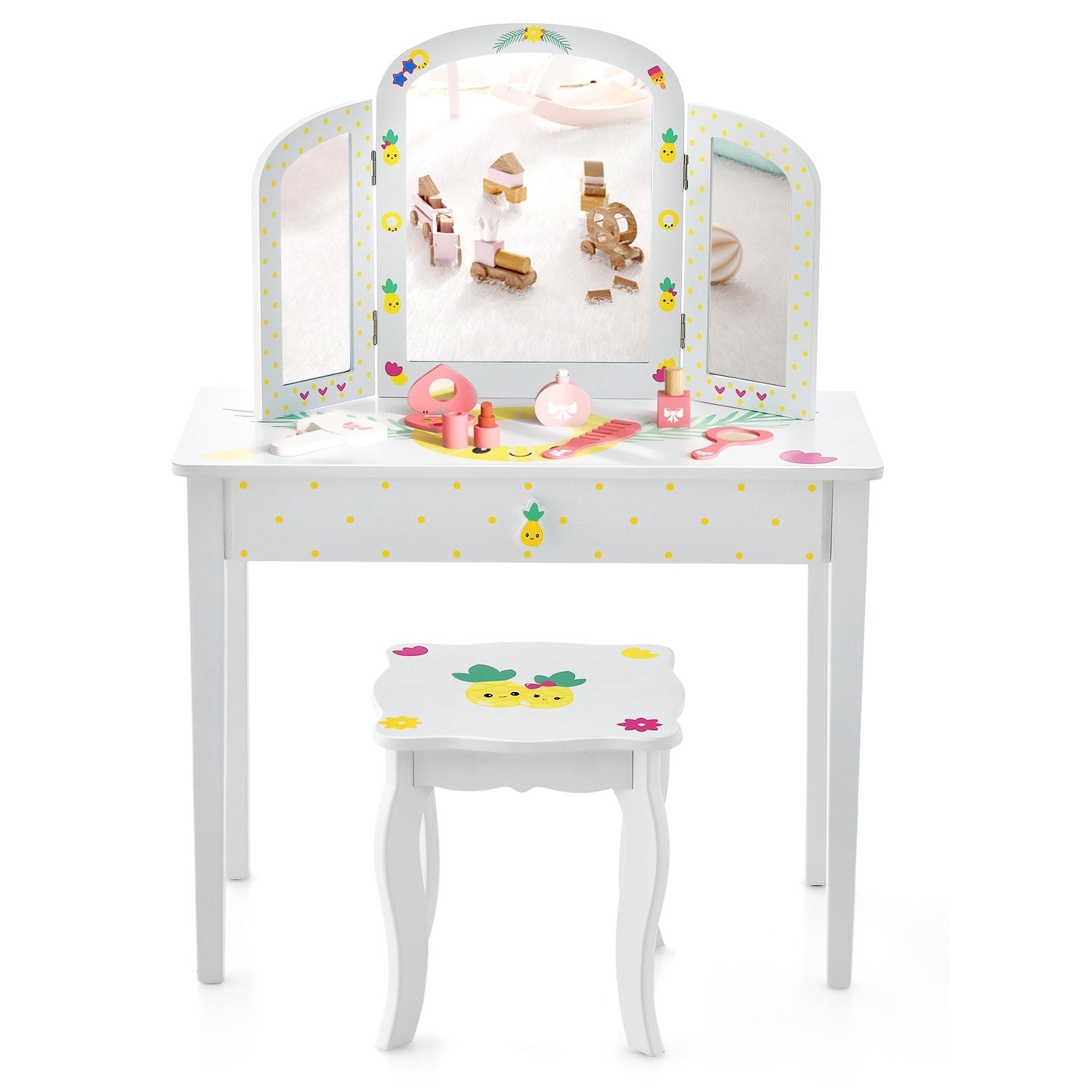 Kids Vanity Table Set with Tri-Folding Mirror and Large Drawer, White Kids Vanities   at Gallery Canada