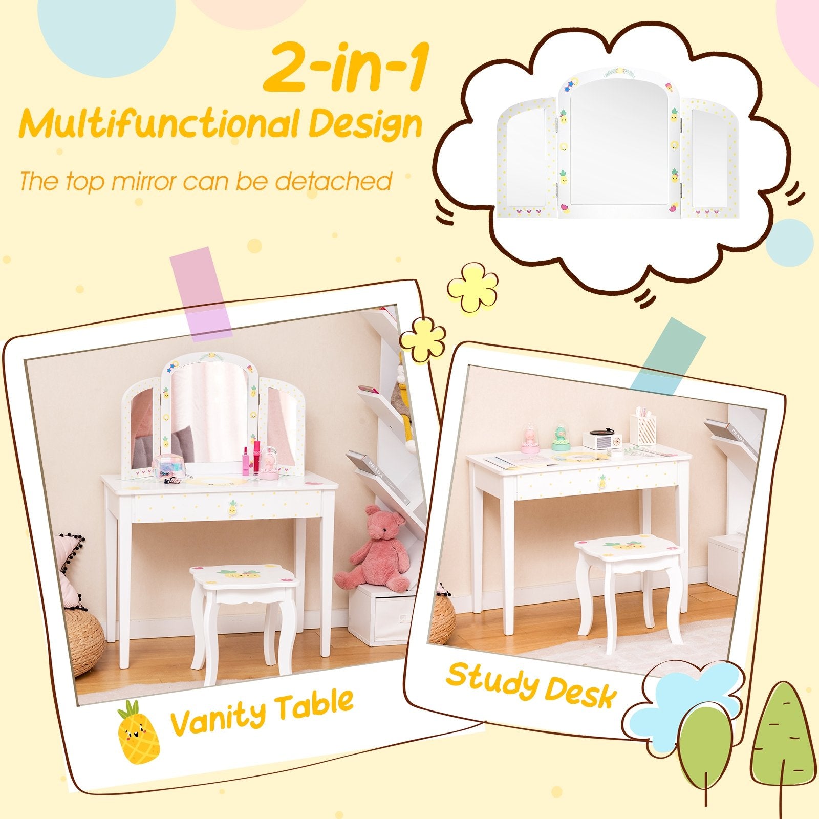 Kids Vanity Table Set with Tri-Folding Mirror and Large Drawer, White Kids Vanities   at Gallery Canada