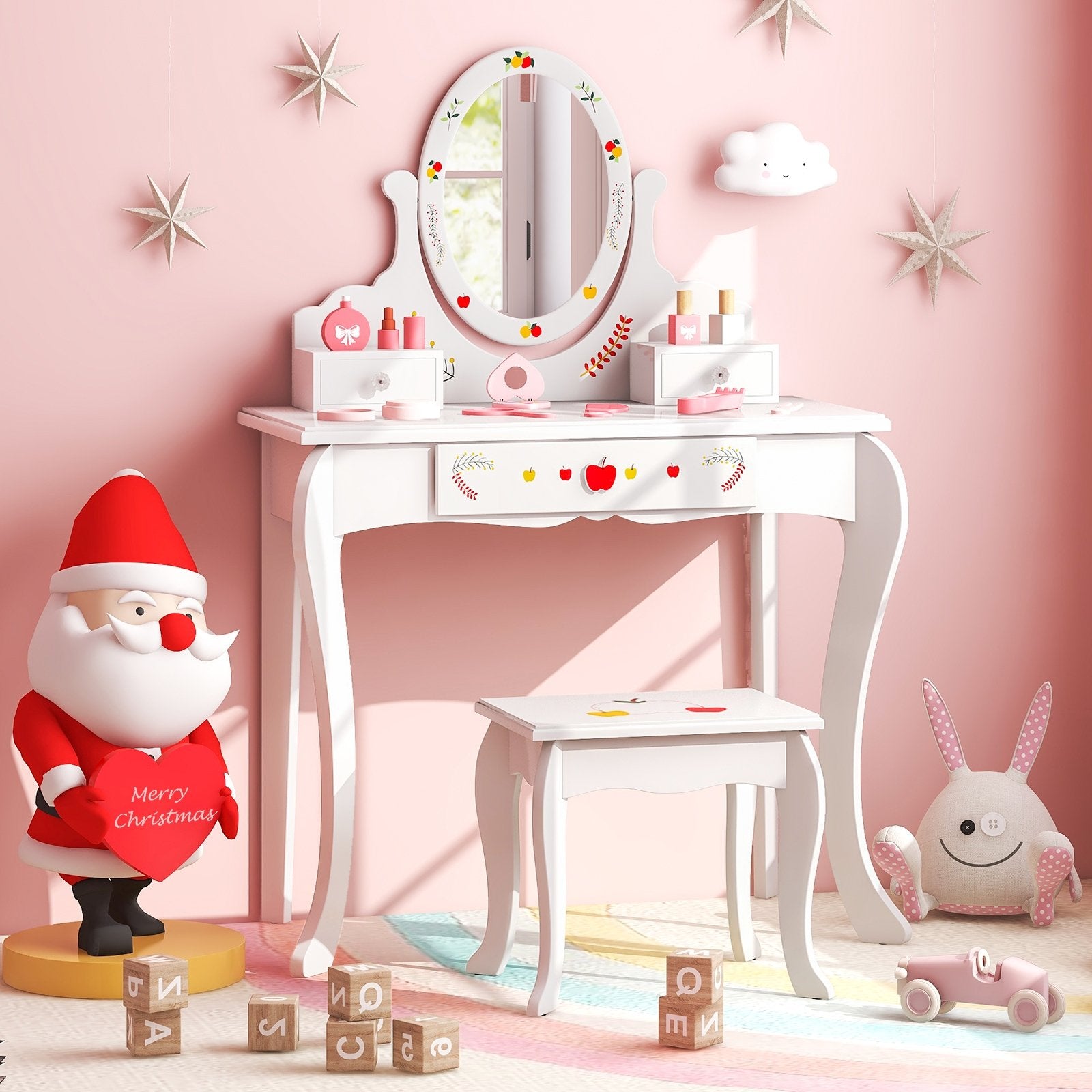 Kids Vanity and Stool Set with 360° Rotatable Mirror and Whiteboard, White Kids Vanities   at Gallery Canada