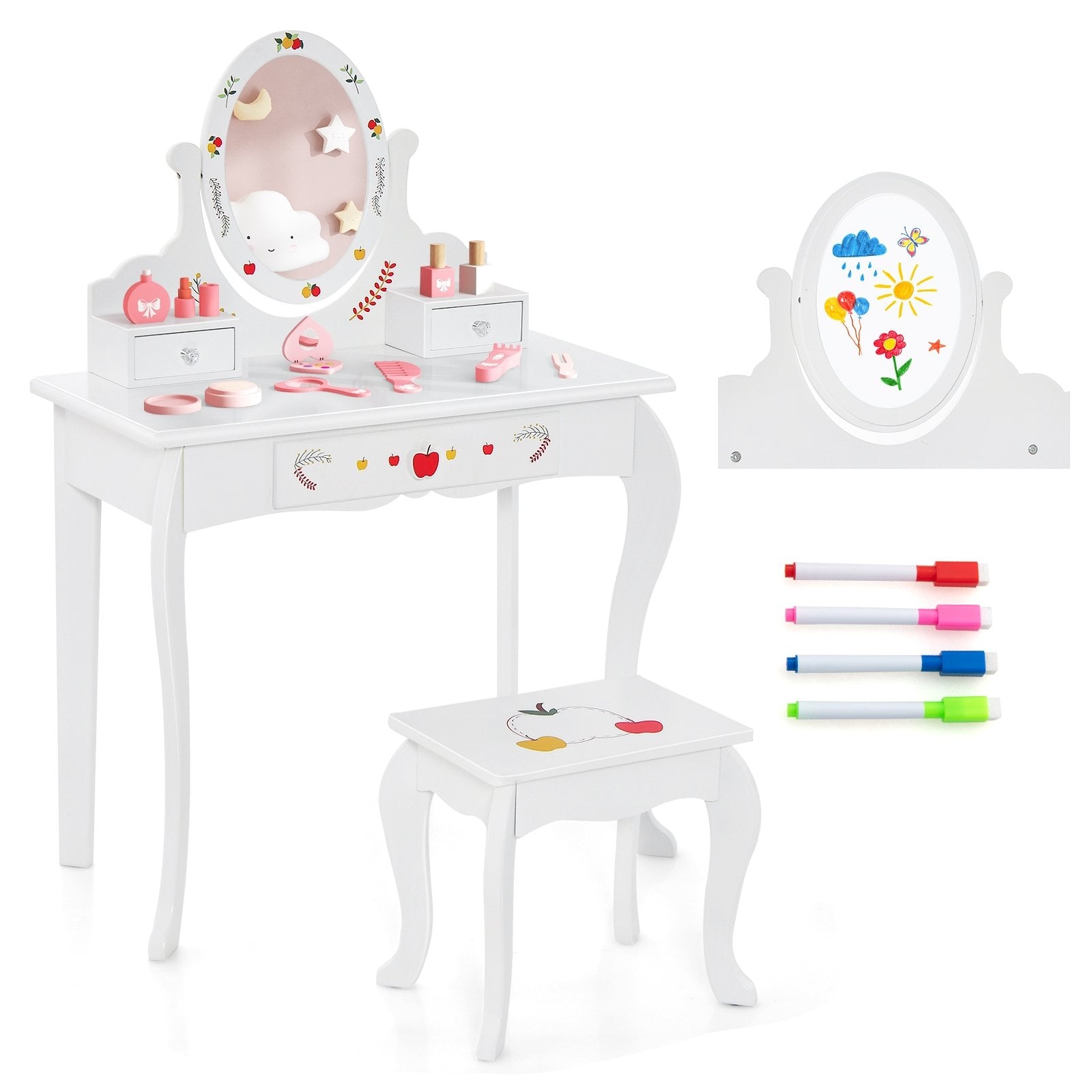 Kids Vanity and Stool Set with 360° Rotatable Mirror and Whiteboard, White Kids Vanities   at Gallery Canada