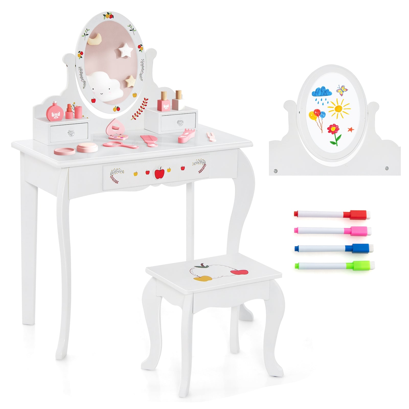 Kids Vanity and Stool Set with 360° Rotatable Mirror and Whiteboard, White Kids Vanities at Gallery Canada