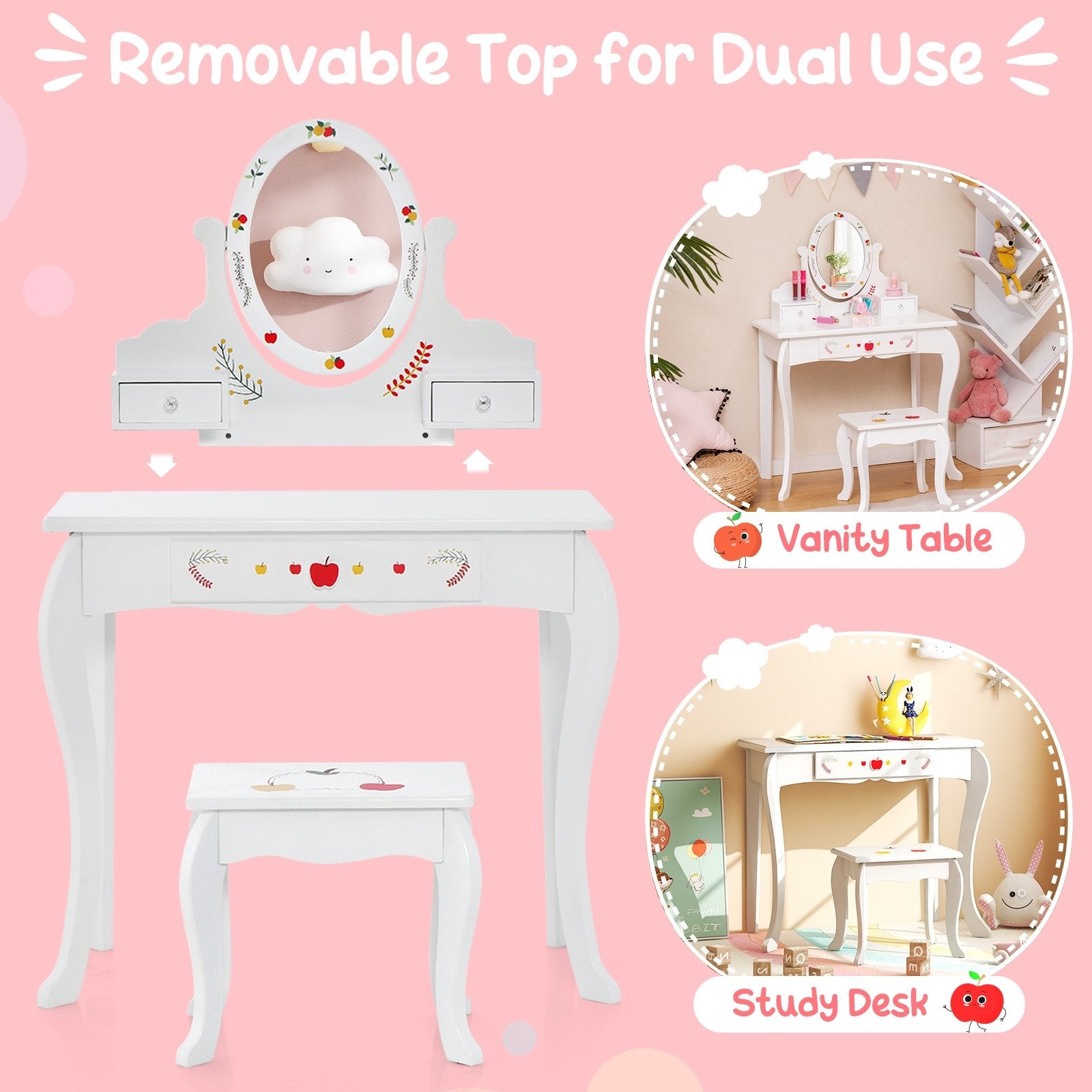 Kids Vanity and Stool Set with 360° Rotatable Mirror and Whiteboard, White Kids Vanities   at Gallery Canada