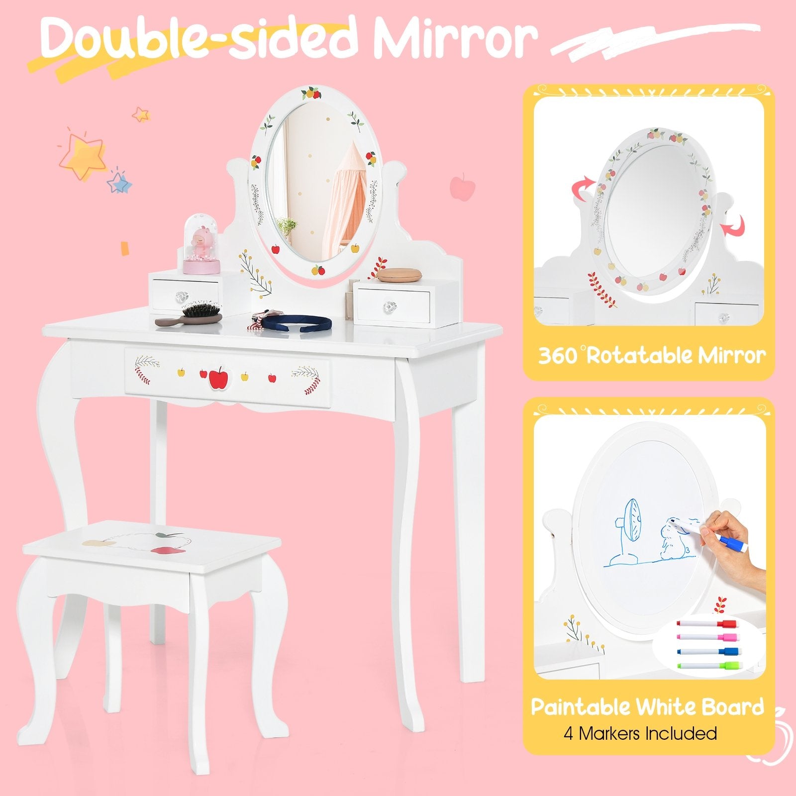 Kids Vanity and Stool Set with 360° Rotatable Mirror and Whiteboard, White Kids Vanities   at Gallery Canada