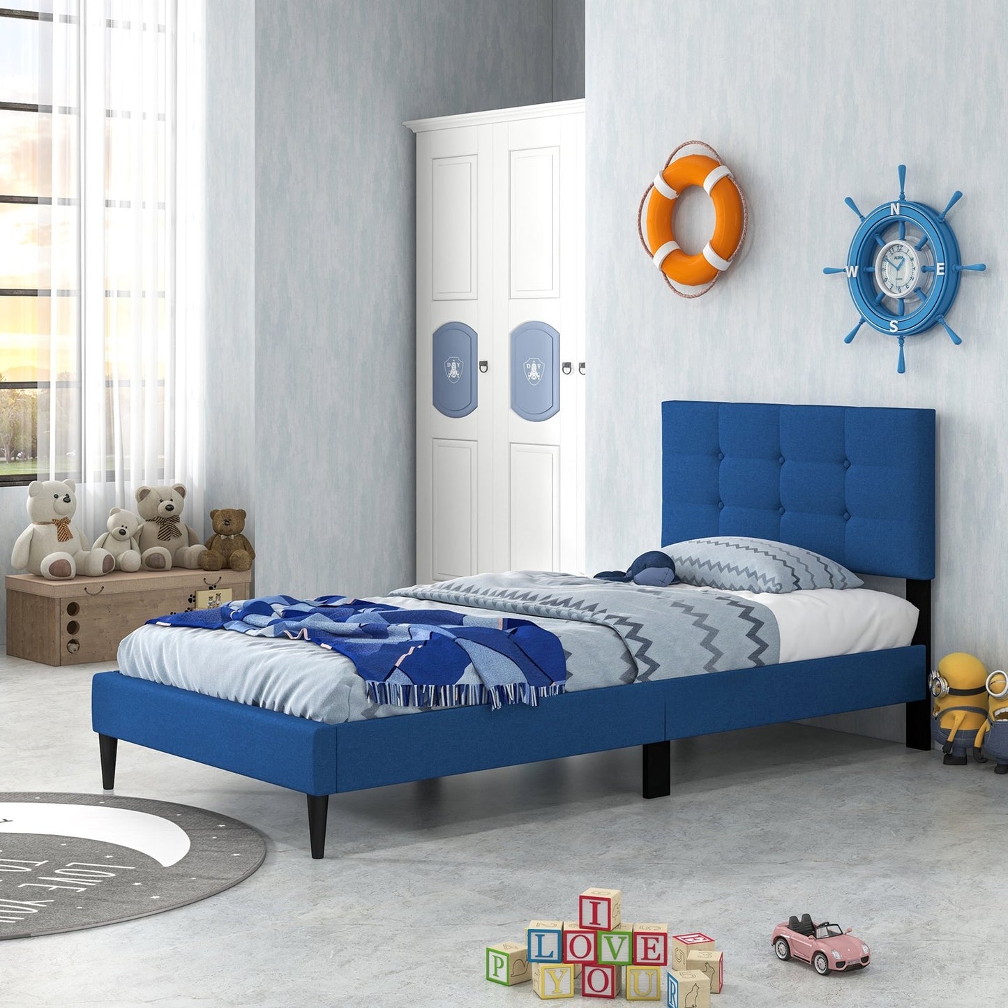 Twin Size Upholstered Platform Bed with Button Tufted Headboard, Blue Simple Bed Frame   at Gallery Canada