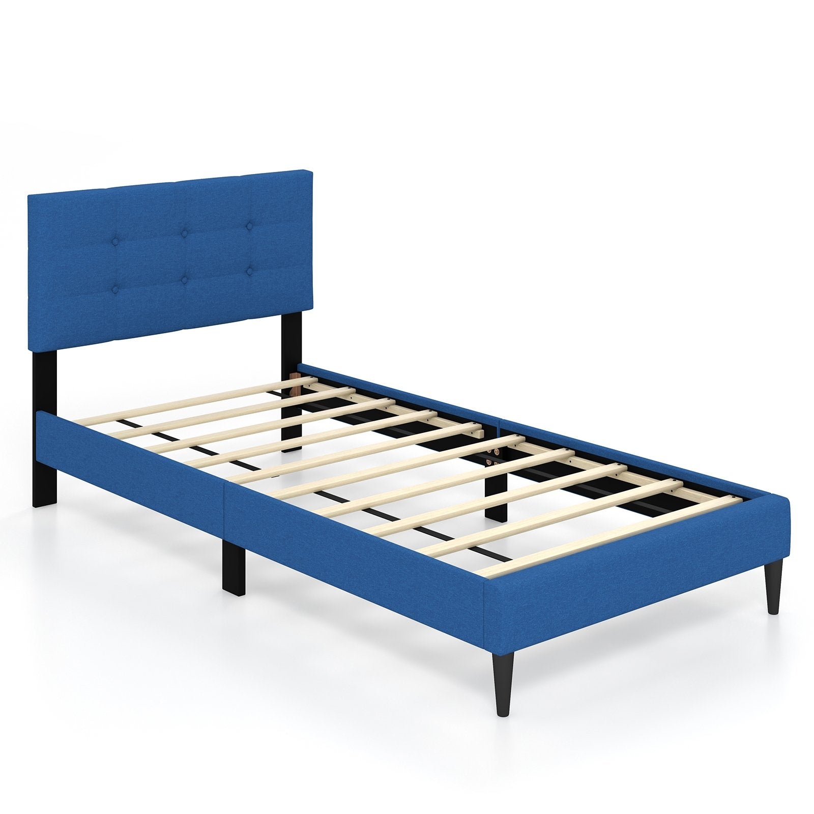 Twin Size Upholstered Platform Bed with Button Tufted Headboard, Blue Simple Bed Frame   at Gallery Canada